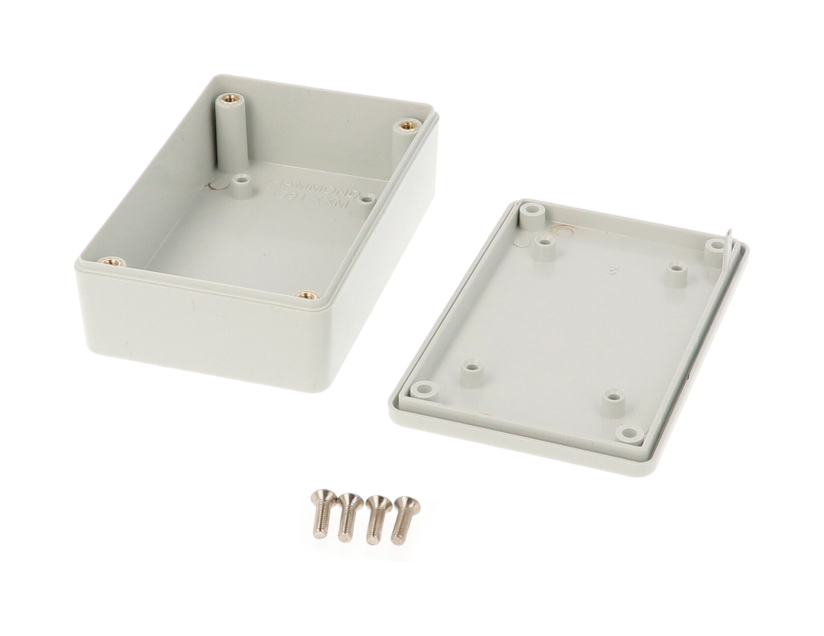 1591XXMGY light gray ABS plastic enclosure with PC board standoffs, 86 x 57 x 27 mm