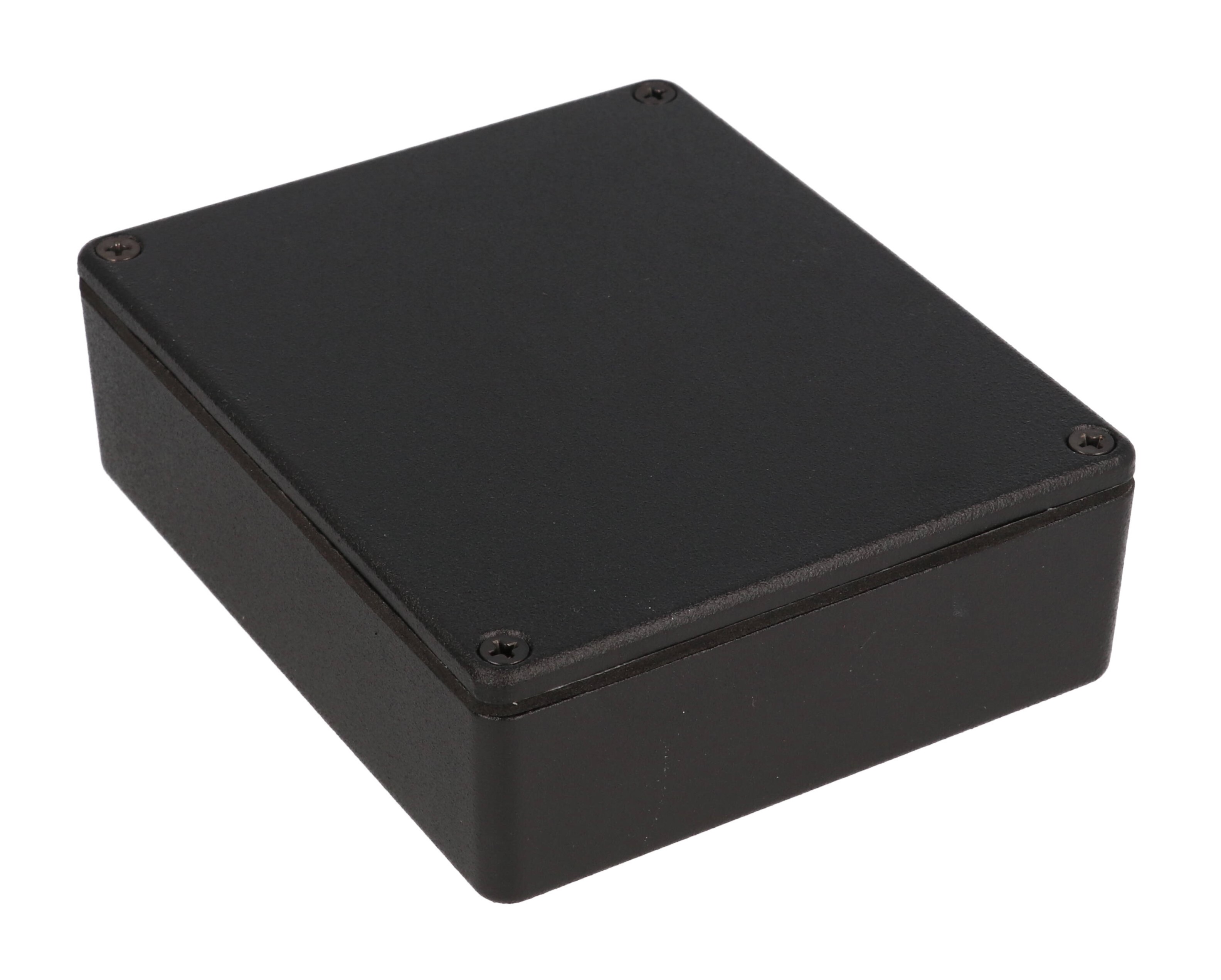 1550WMBK black textured diecast aluminum enclosure with lid and IP66 gasket, 120 x 100 x 31 mm
