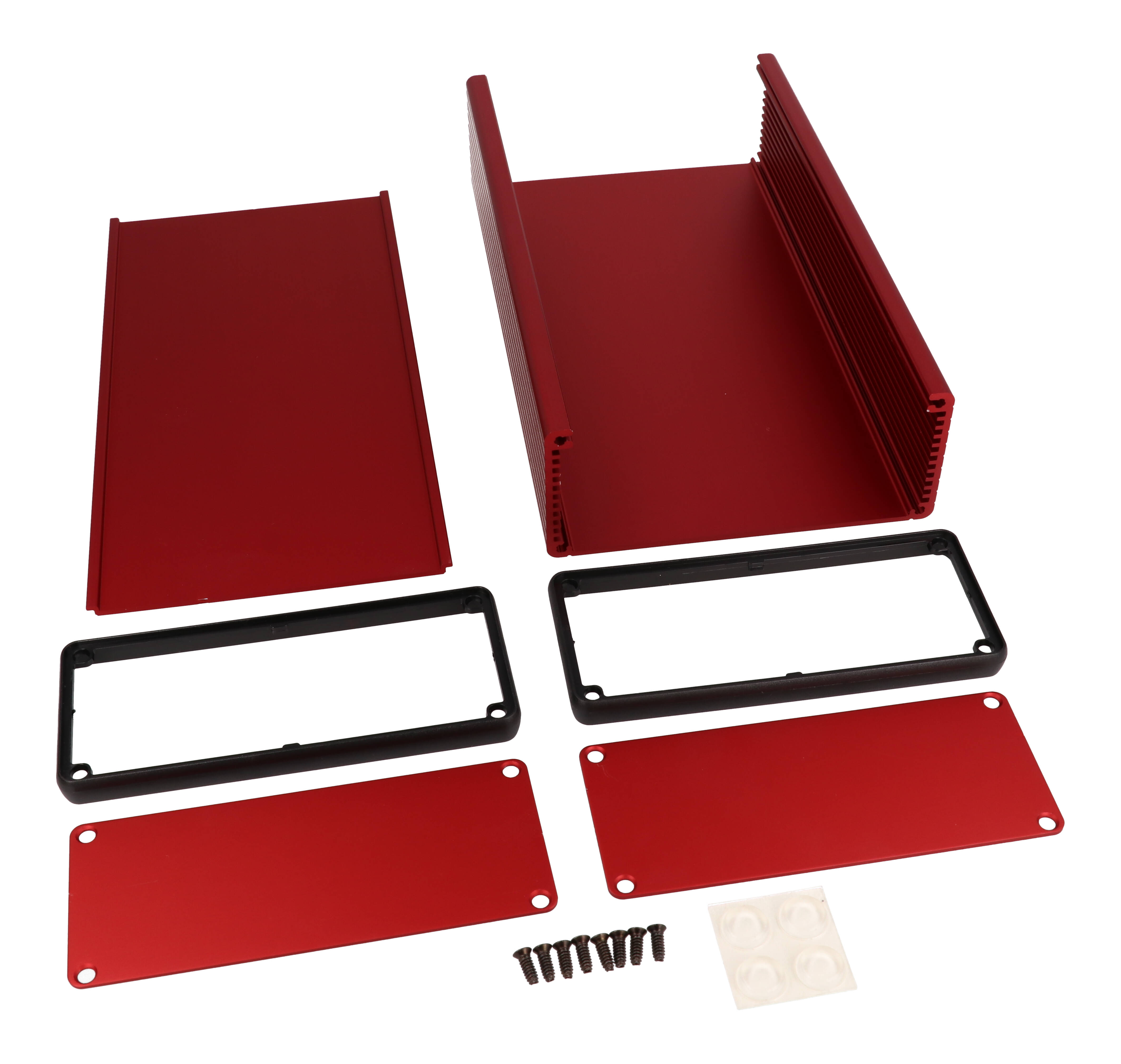 1455Q2201RD red anodized extruded aluminum PC board enclosure 220 x 125 x 51.5 mm with aluminum end panels and open bezels