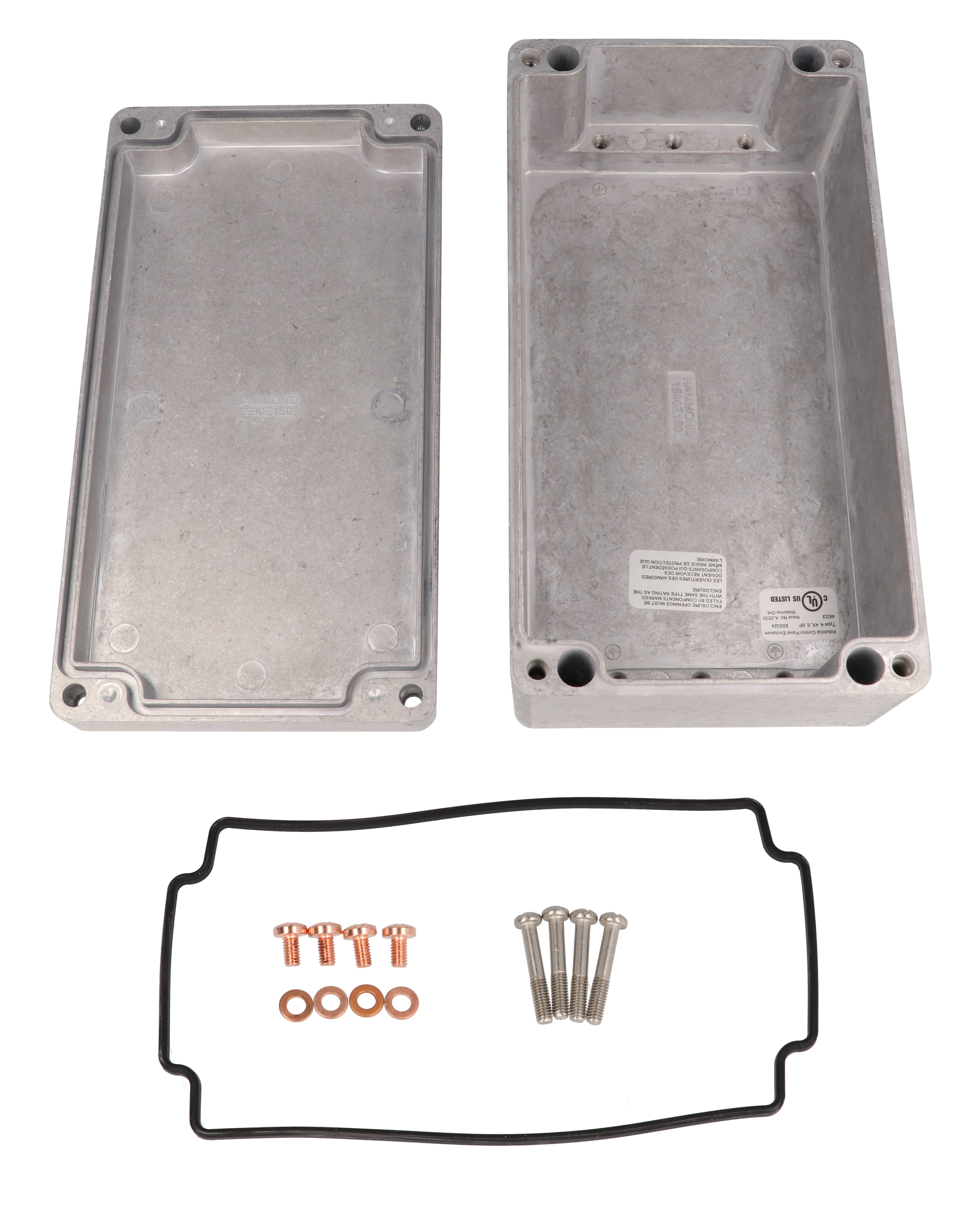 1590Z150 natural diecast aluminum enclosure, 221 x 121 x 81 mm, with four recessed lid screws