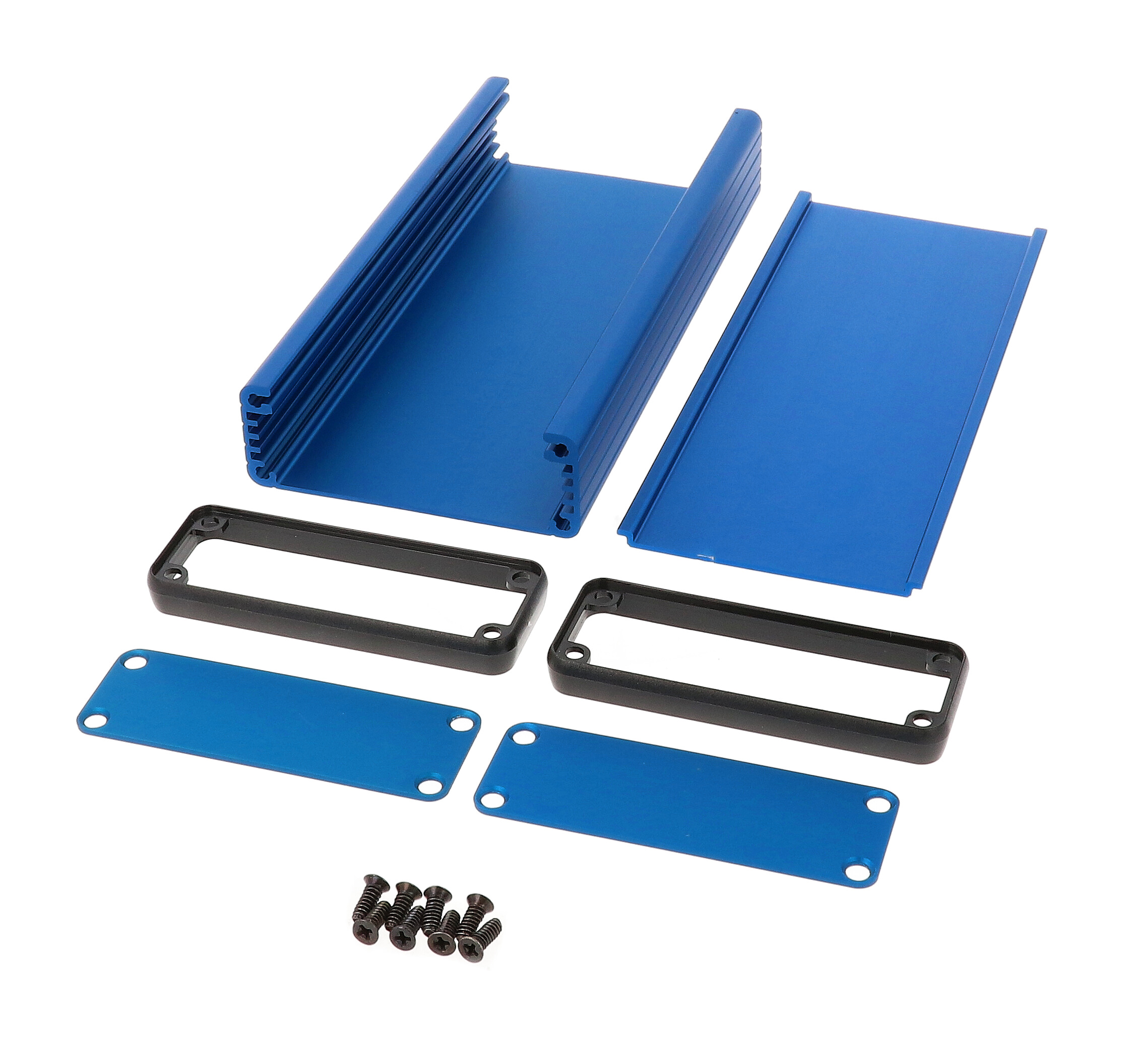1455J1601BU blue anodized extruded aluminum enclosure, 160 x 78 x 27 mm, with aluminum end panels and open bezels