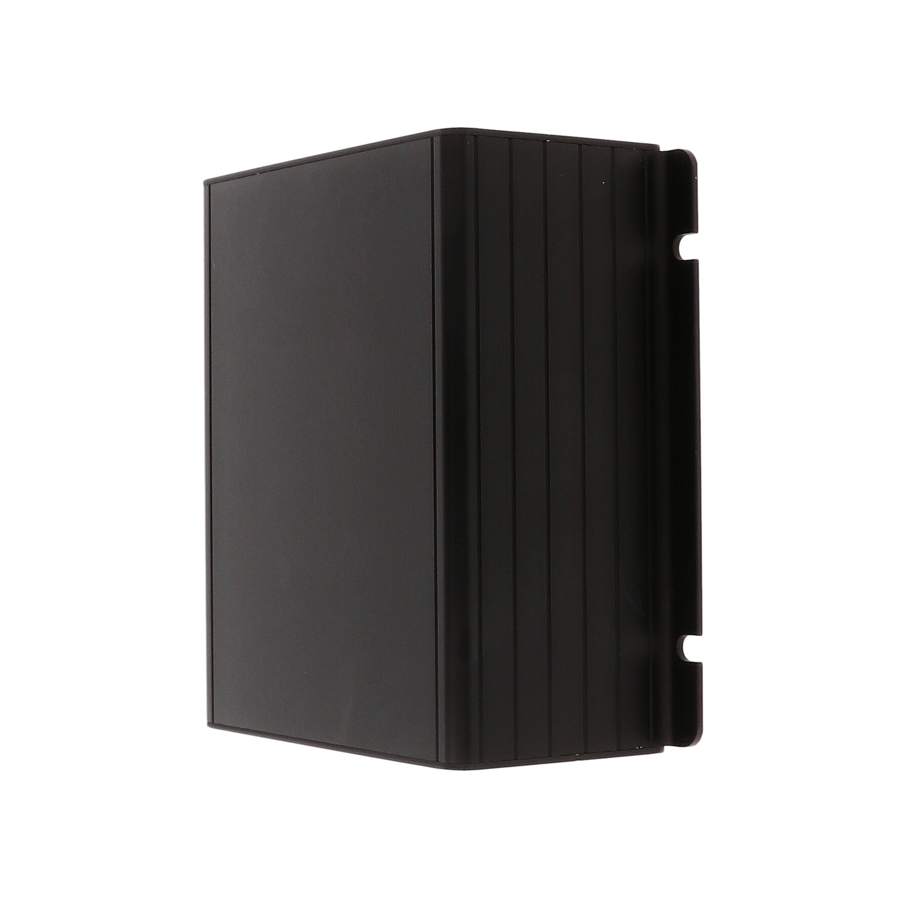 1455NF1201BK black anodized extruded aluminum enclosure with integrated slotted mounting flanges