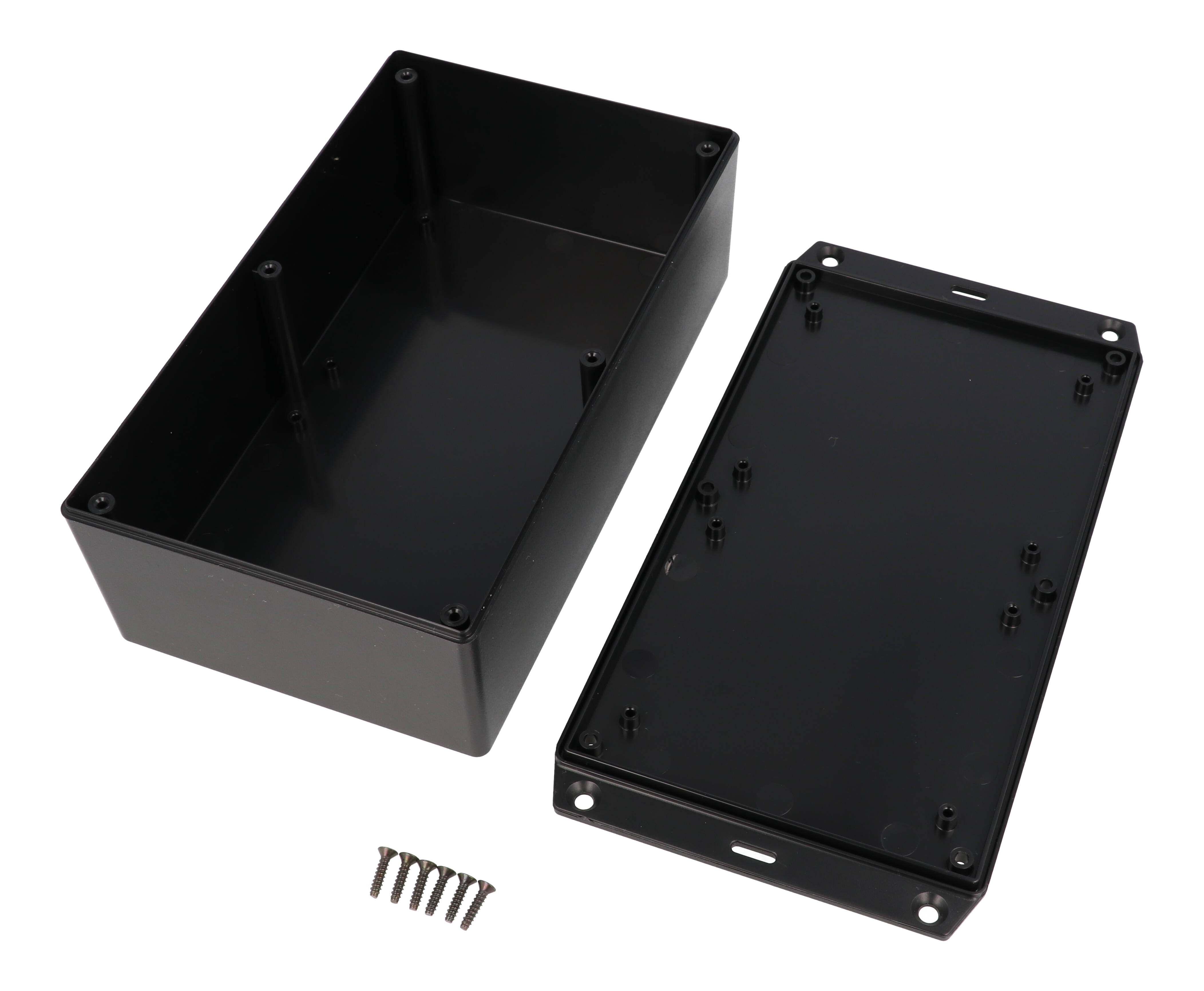 1591XXESFLBK black ABS plastic enclosure with flanged lid, 7.60 in x 4.45 in x 2.40 in