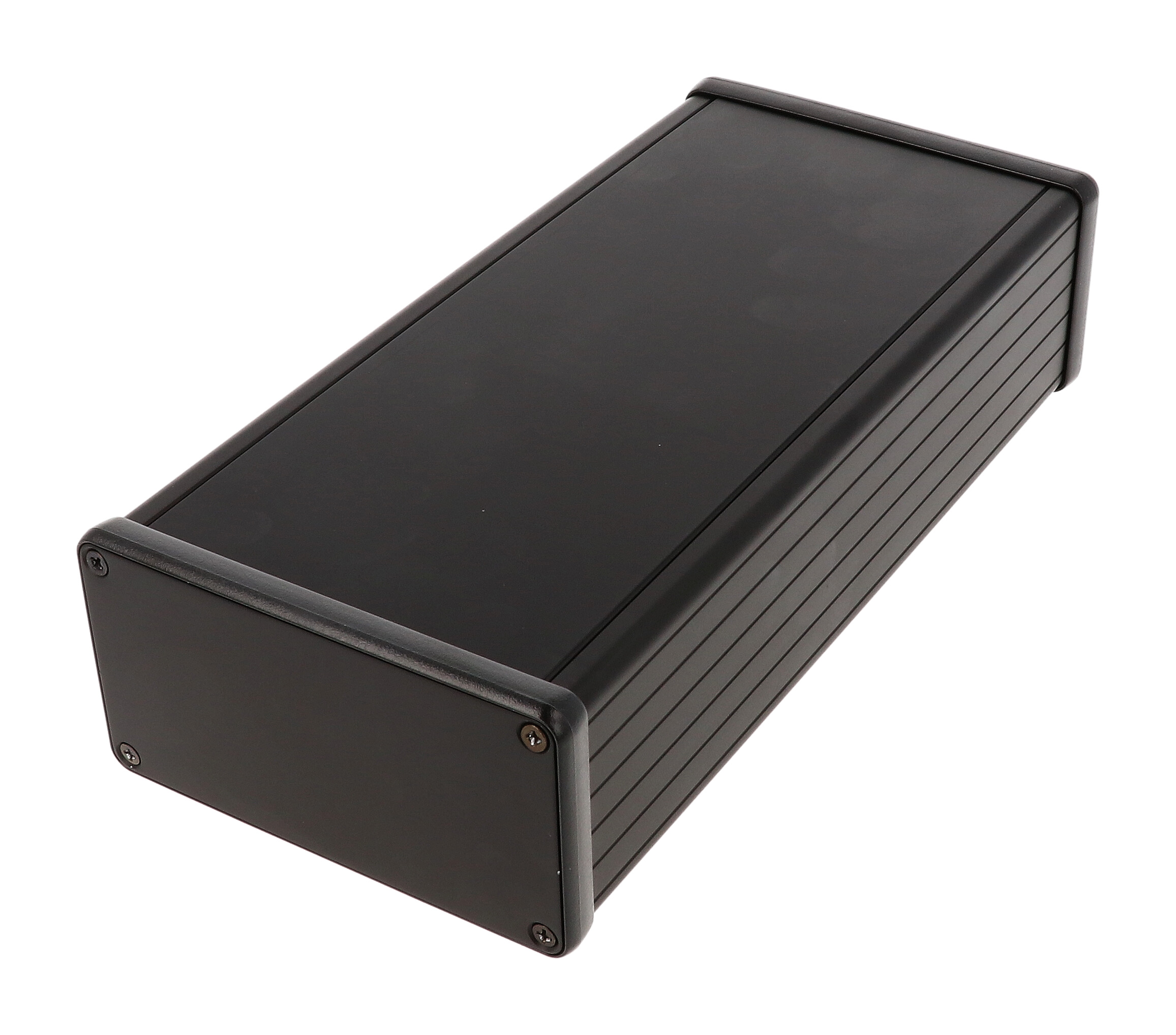 1455N2201BK — black extruded aluminum enclosure w/ metal end panels