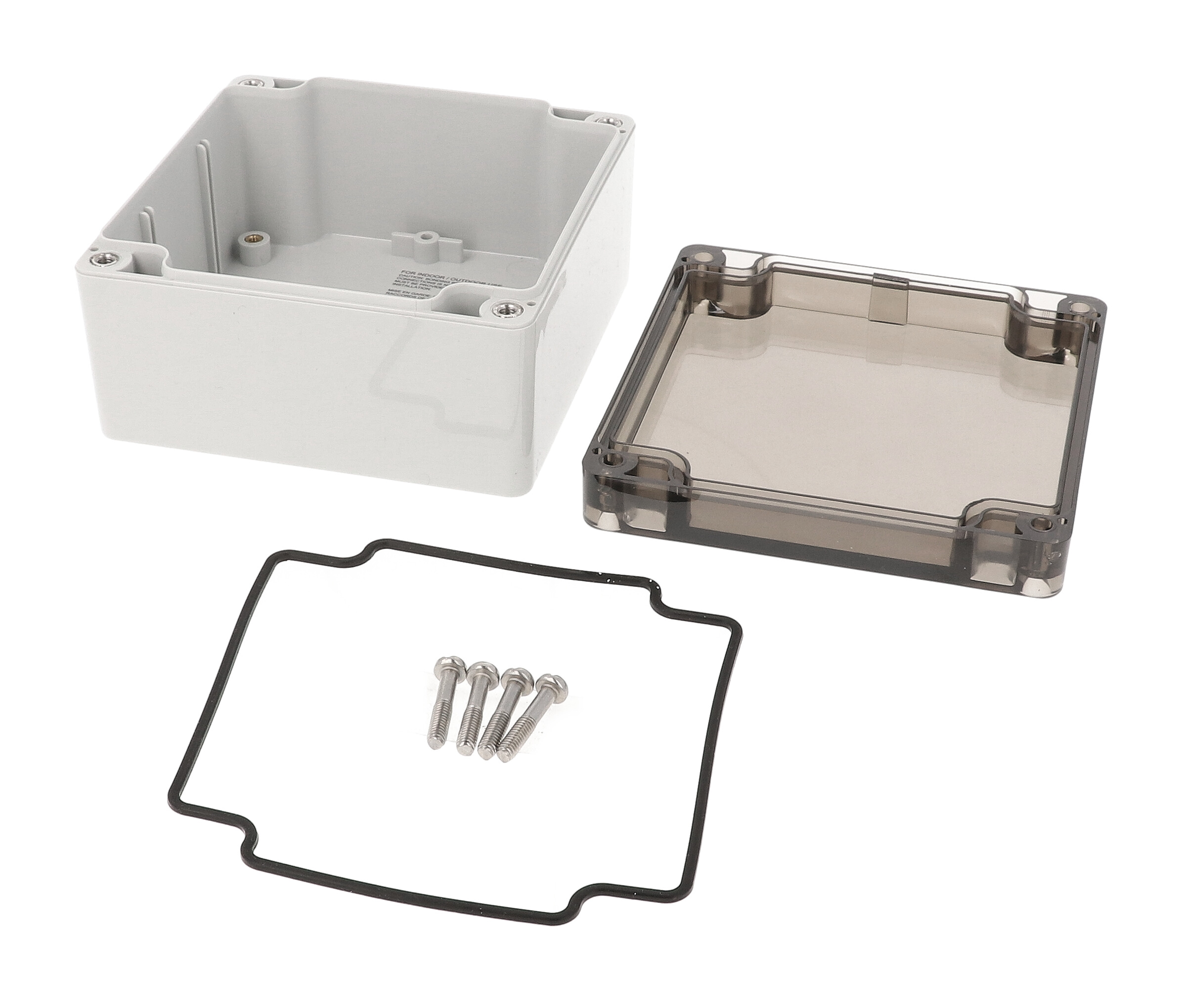 1554L2GYSL square gray polycarbonate enclosure with smoked lid, 105 x 105 x 60 mm