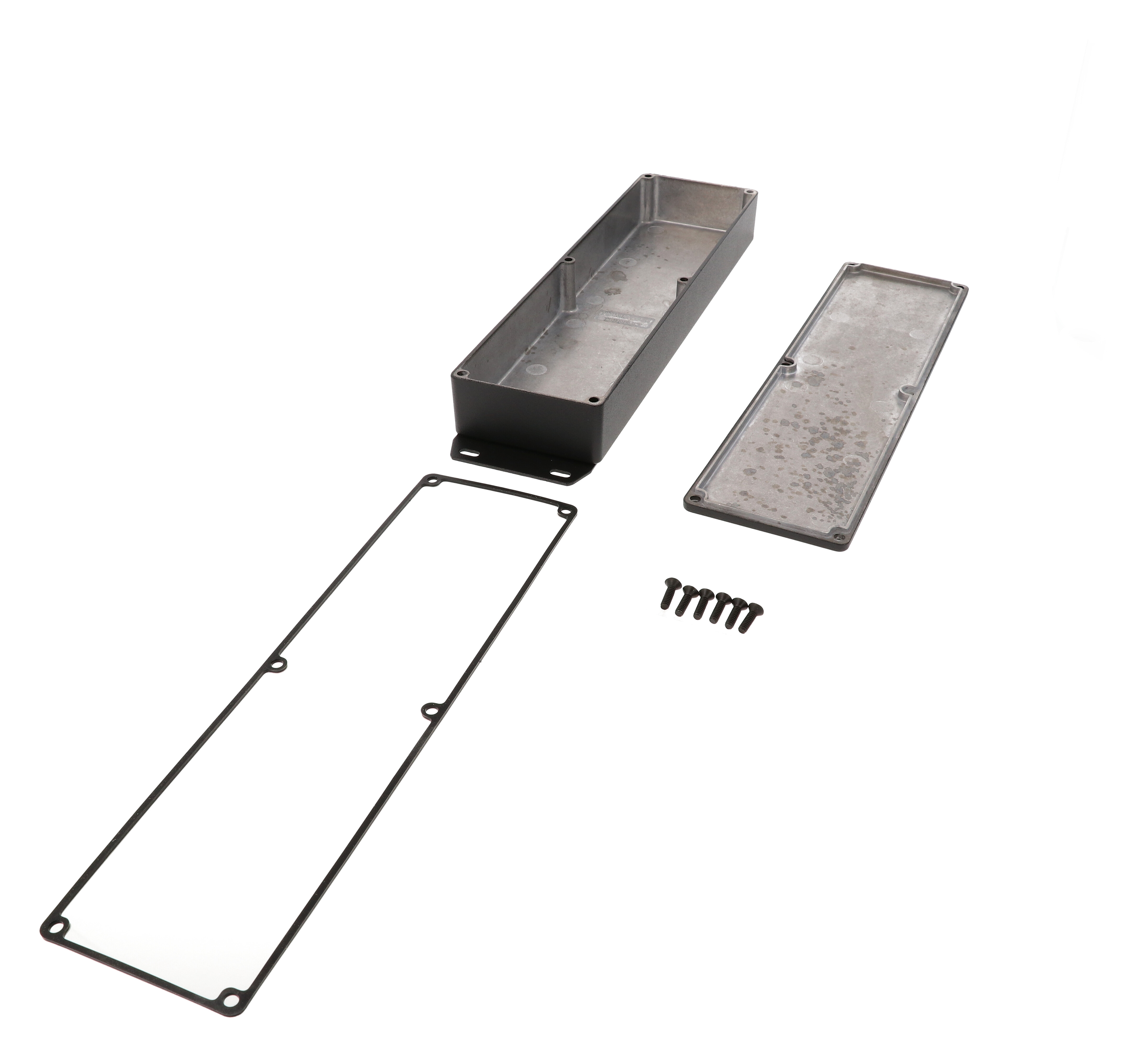 1590WBX2FBK black textured low-profile watertight diecast enclosure with flanged bottom plate