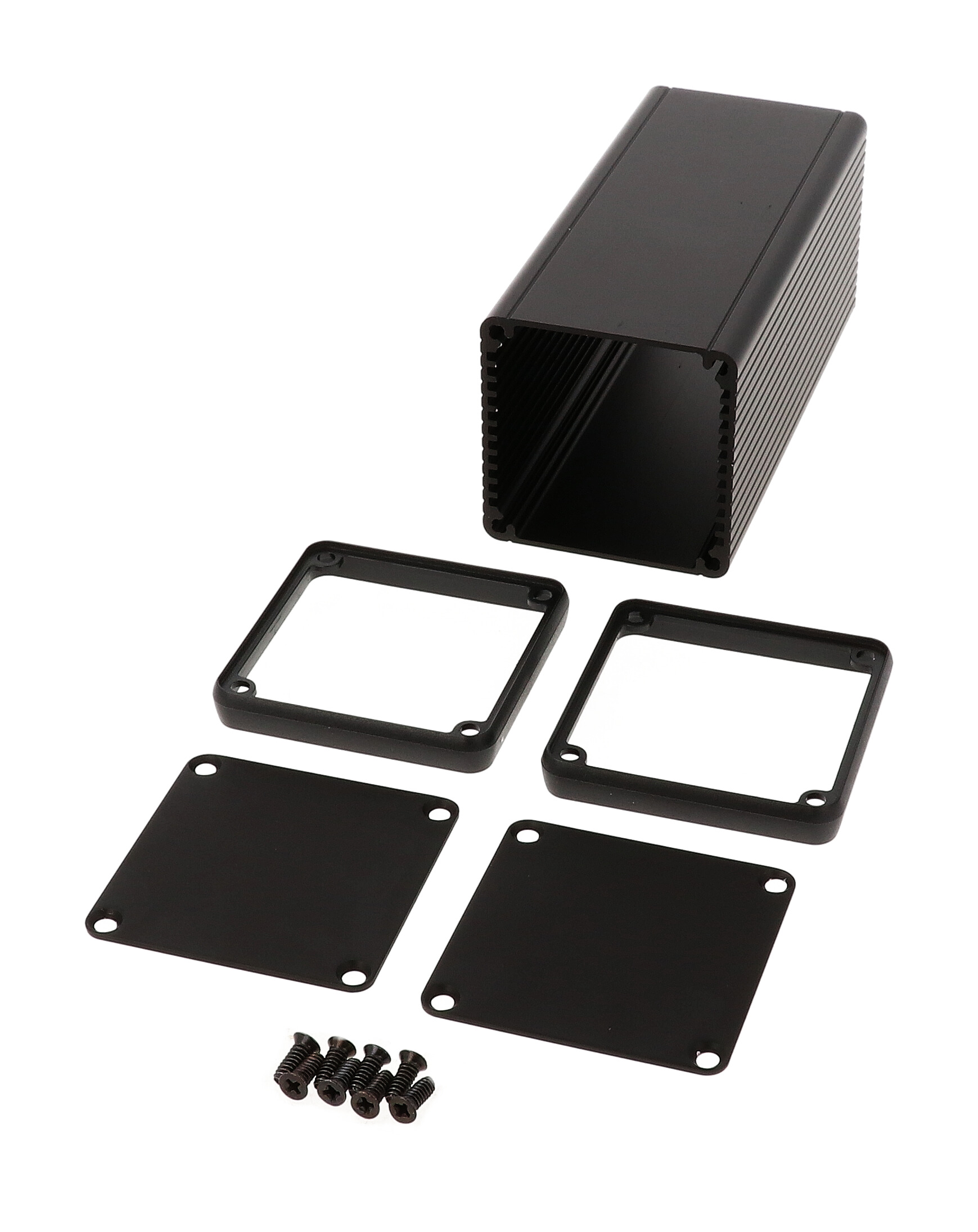 1455CS1201BK black anodized square extruded aluminum enclosure, 120 x 54 x 54 mm, with aluminum end panels and black open bezels