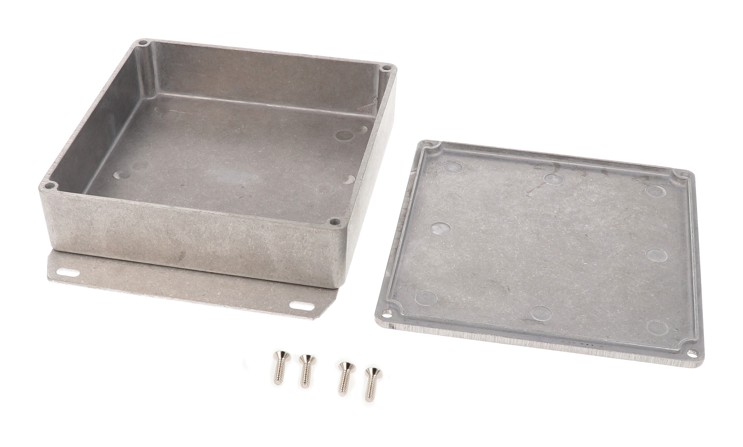 1590QF natural aluminum diecast aluminum enclosure with welded flanged bottom plate, 120 x 120 x 34 mm