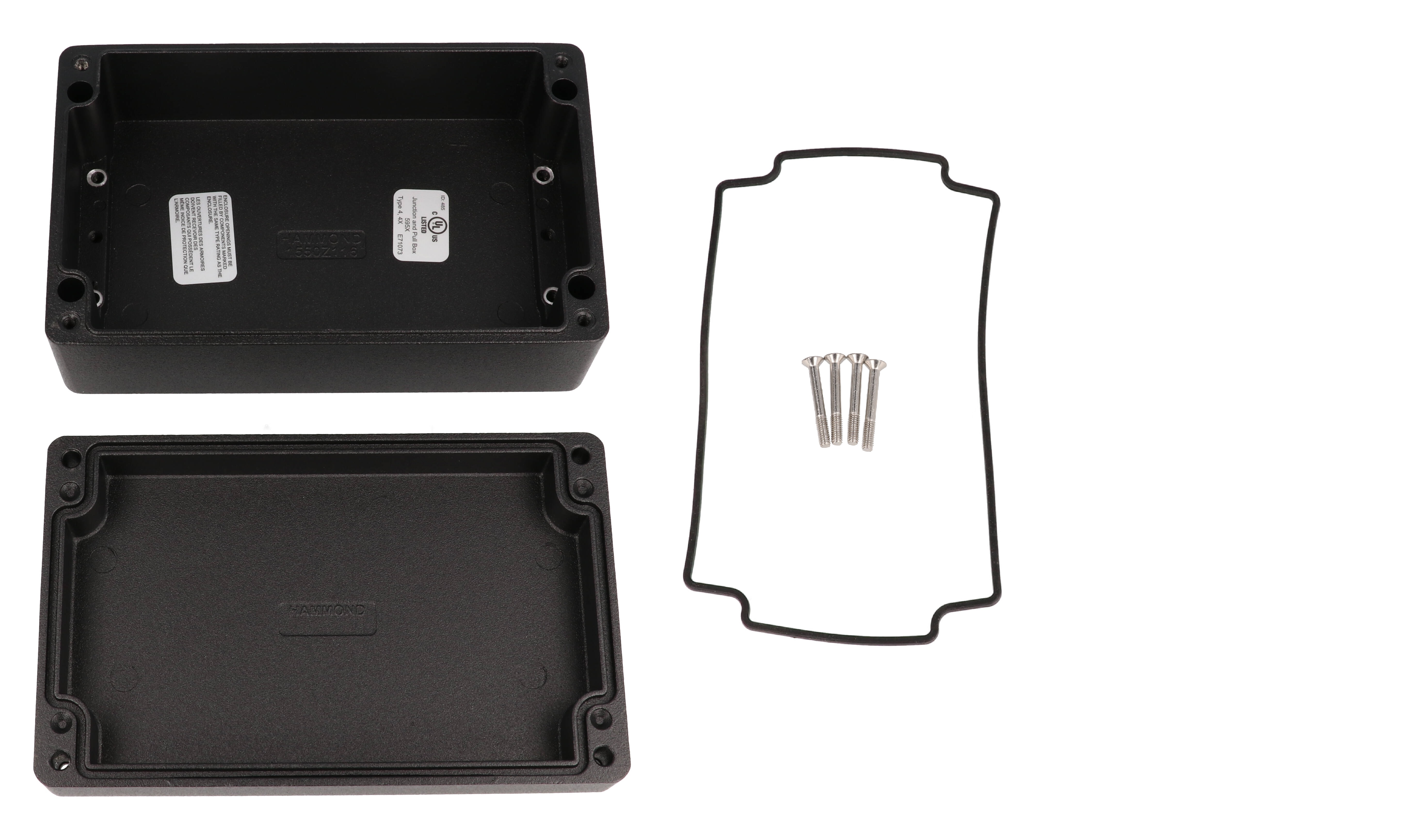 Hammond 1550Z116BK black textured watertight diecast aluminum enclosure, 160 x 100 x 60 mm, with lid and cover screws
