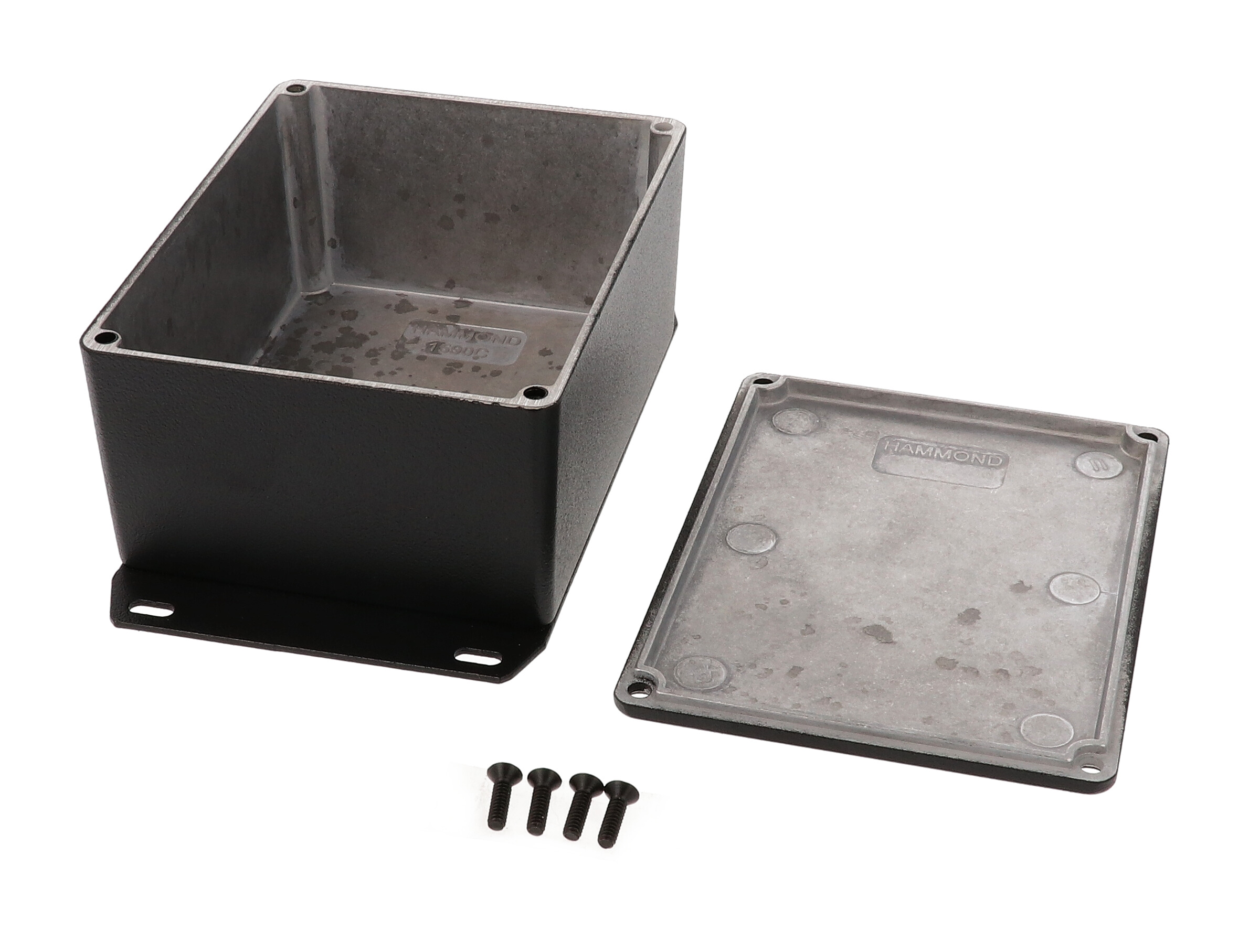 1590CFBK textured black diecast aluminum enclosure with welded flanged bottom plate