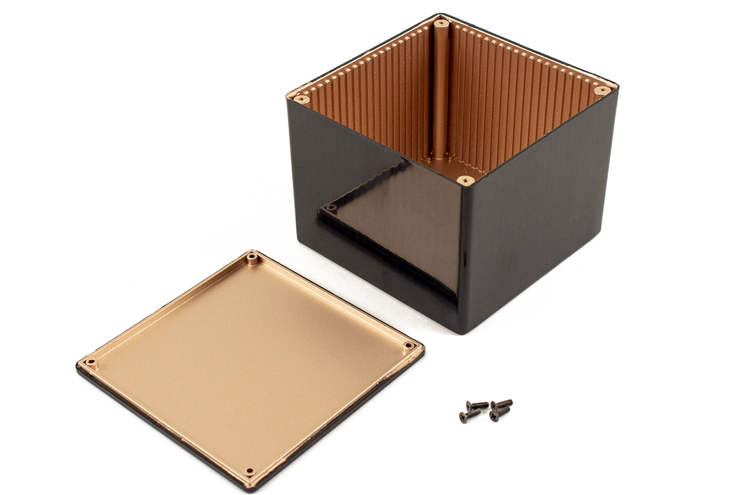 1591RVBK black ABS enclosure, 120 x 120 x 94 mm, with EMI/RFI copper conductive coating inside