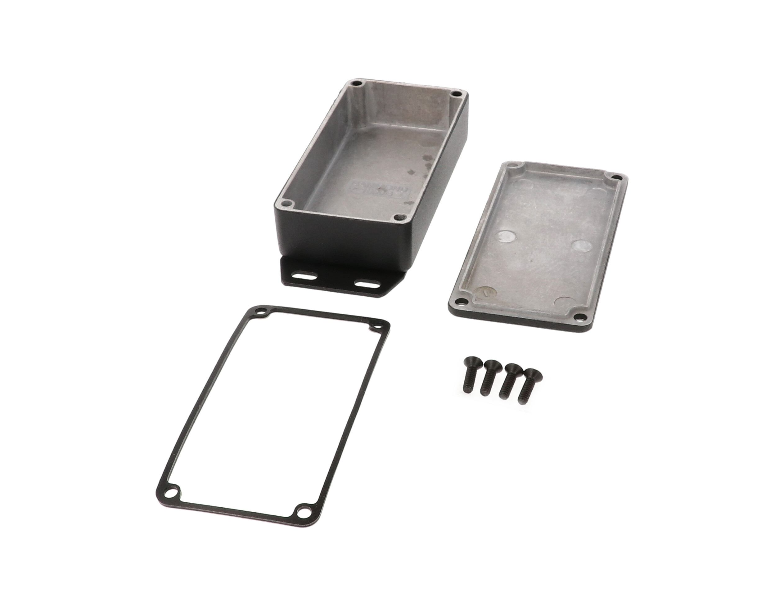 1590WGFBK black textured IP65 watertight diecast enclosure, 100 x 50 x 25 mm, with flanged bottom plate