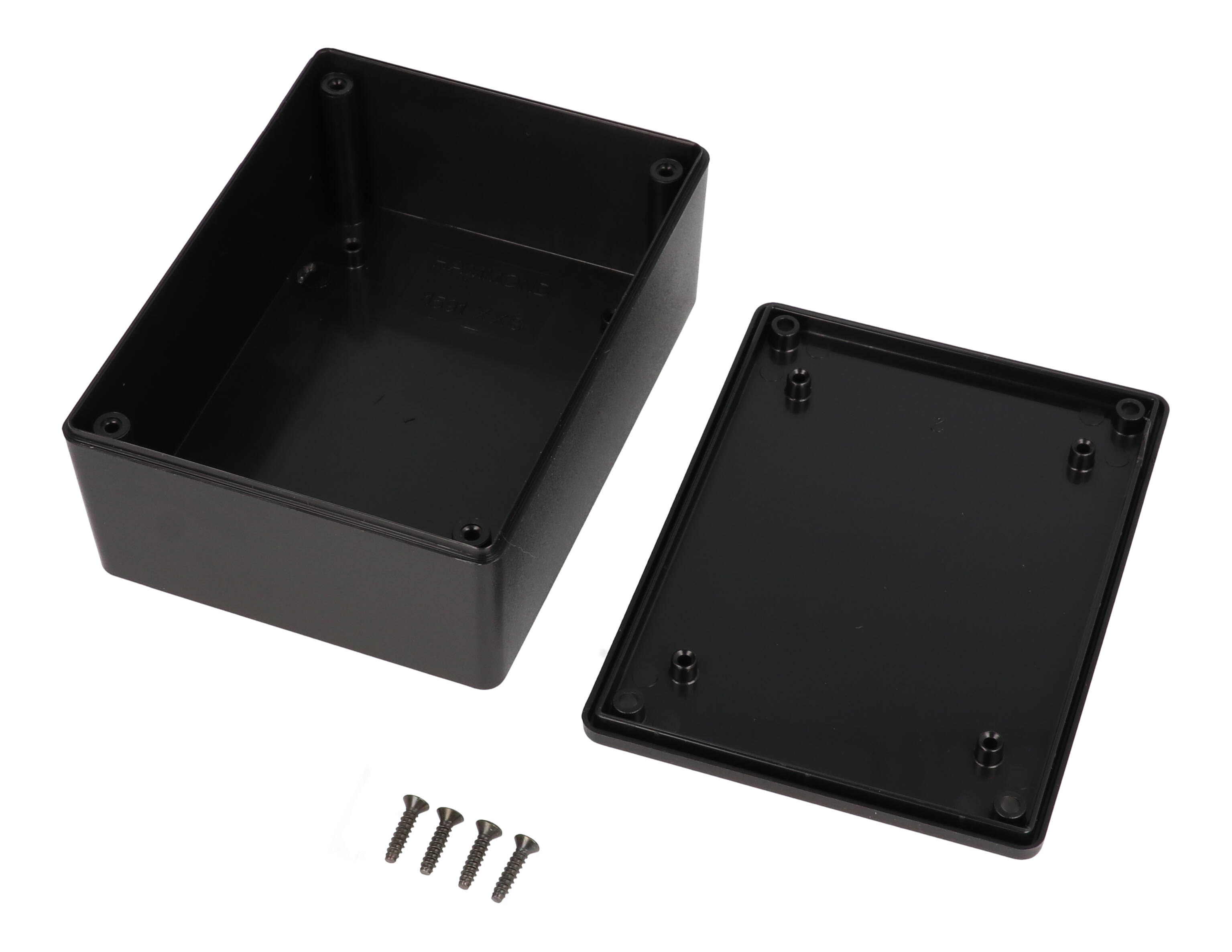 1591XXSSBK black ABS plastic enclosure with PC board standoffs, 113 x 85 x 44 mm