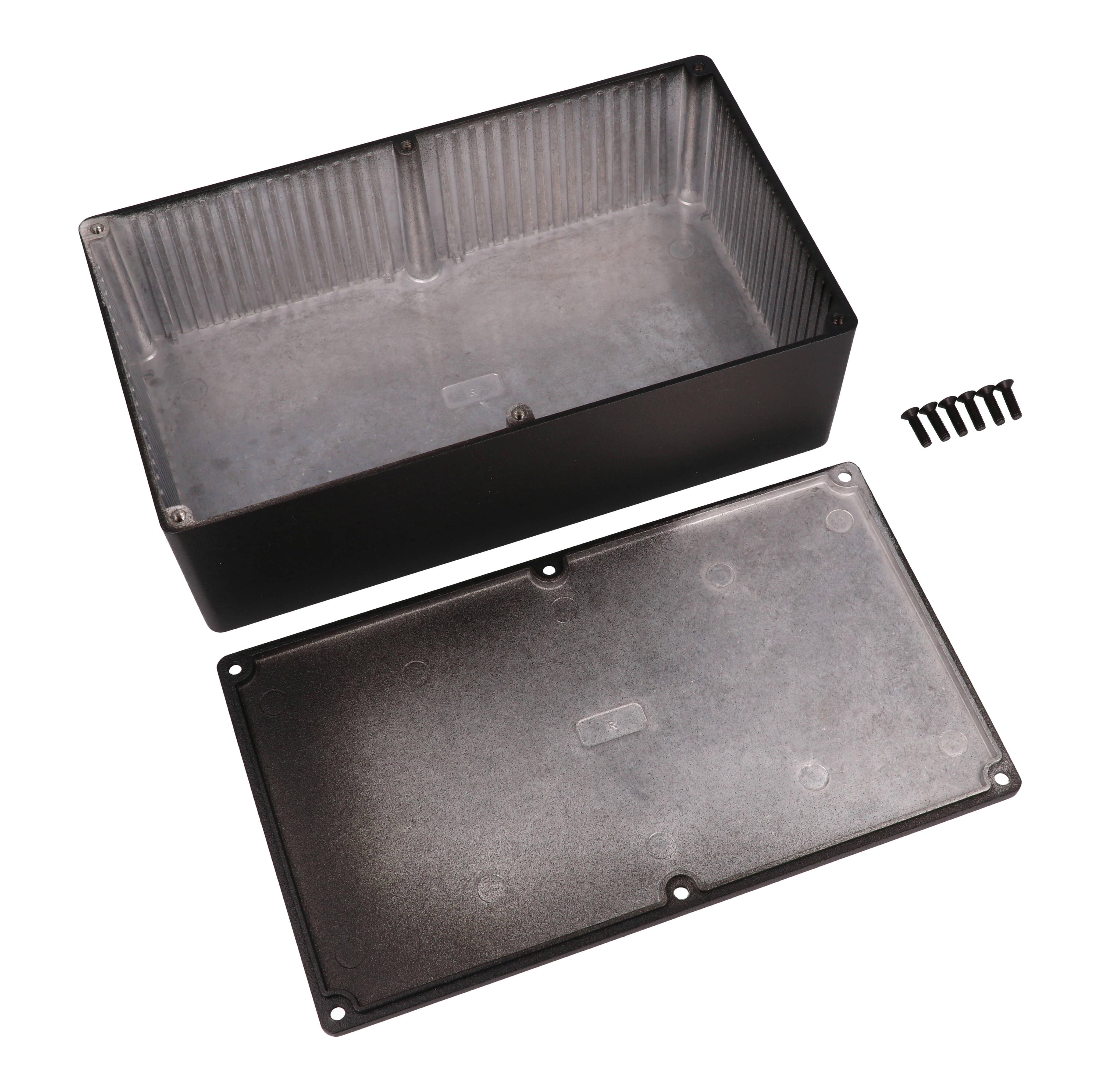 1590RBK black textured diecast aluminum enclosure with lid and cover screws