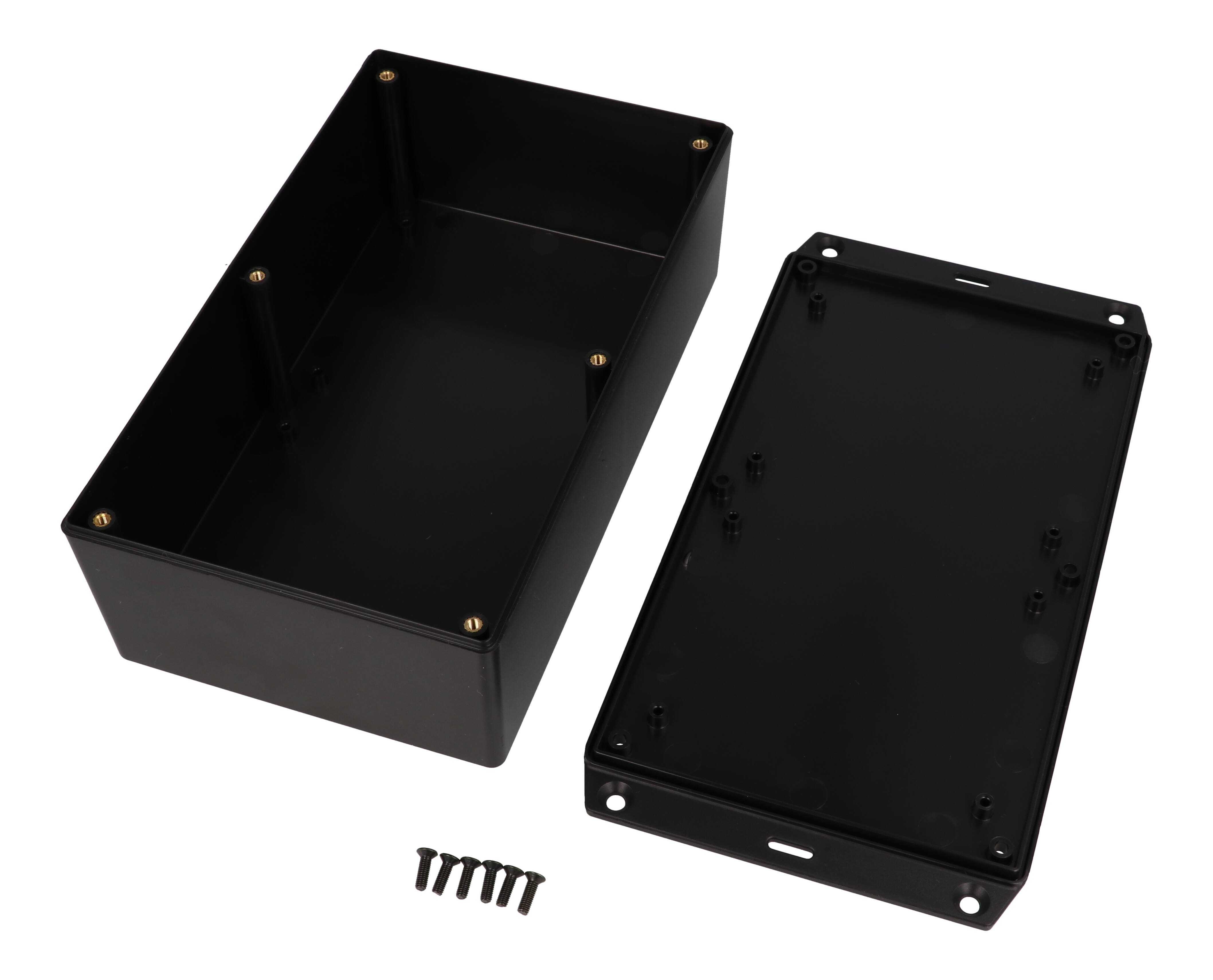 1591XXEFLBK black ABS plastic enclosure with flanged lid, 7.60 in x 4.45 in x 2.40 in