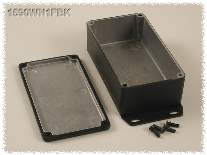 1590WN1FBK textured black watertight diecast enclosure, 121 mm x 66 mm x 40 mm, with flanged bottom plate
