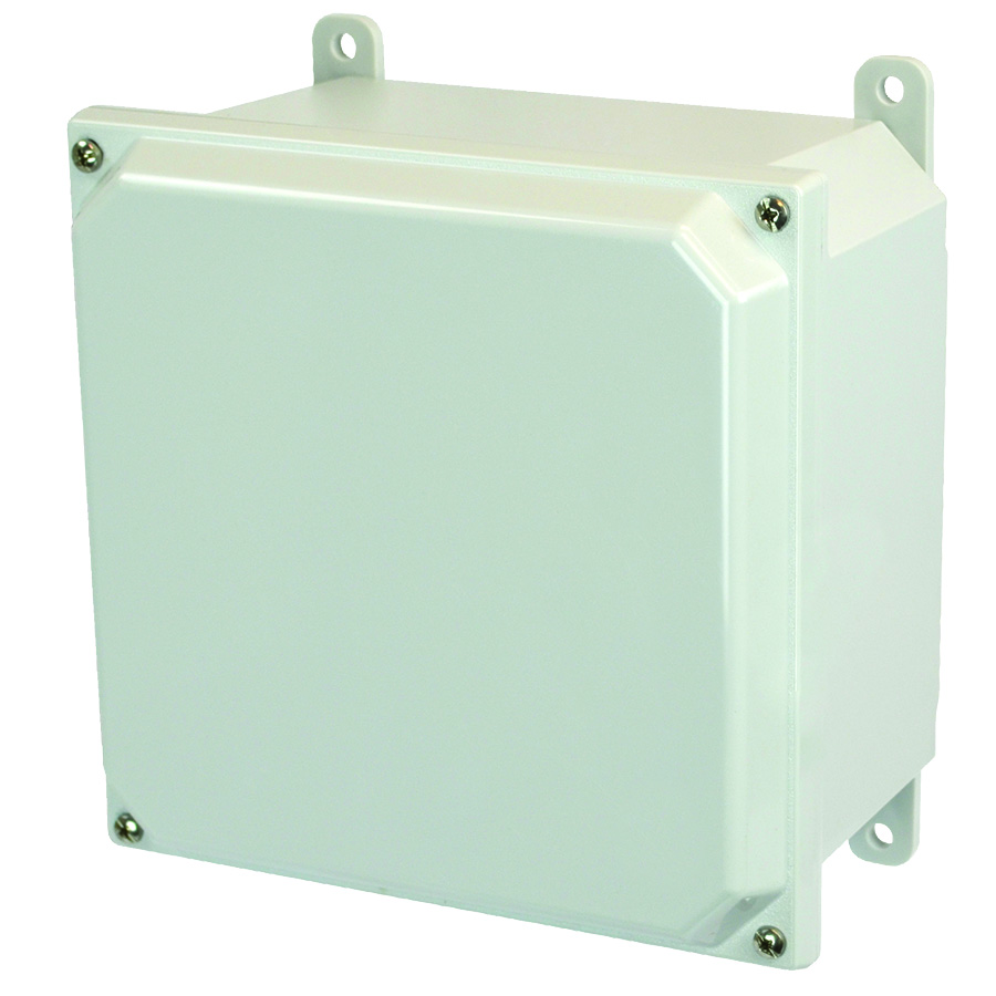 PCJ12104F 11.92 x 10.15 x 3.98 in Type 4X polycarbonate junction box with solid light gray lift-off cover and mounting flanges