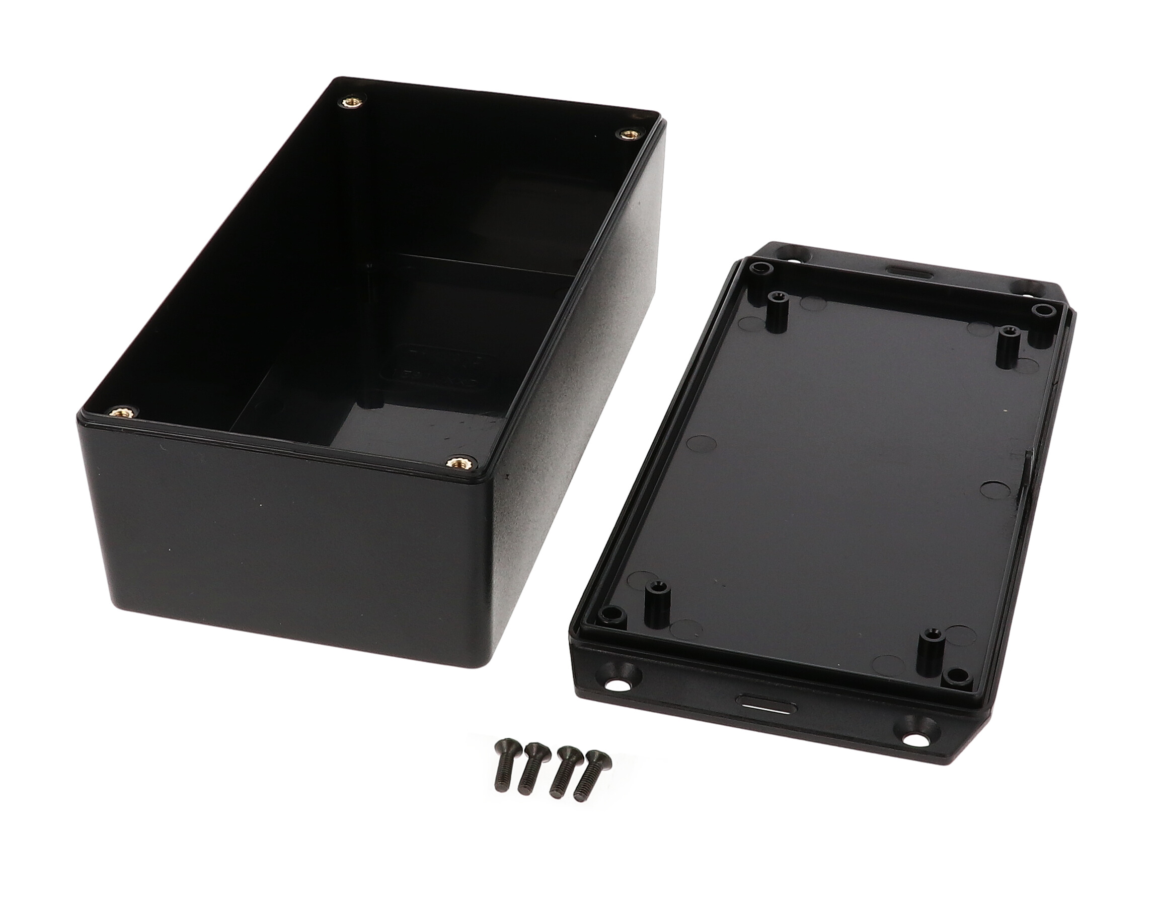 1591XXDFLBK black ABS plastic enclosure with flanged lid, 5.98 in x 3.23 in x 2.01 in
