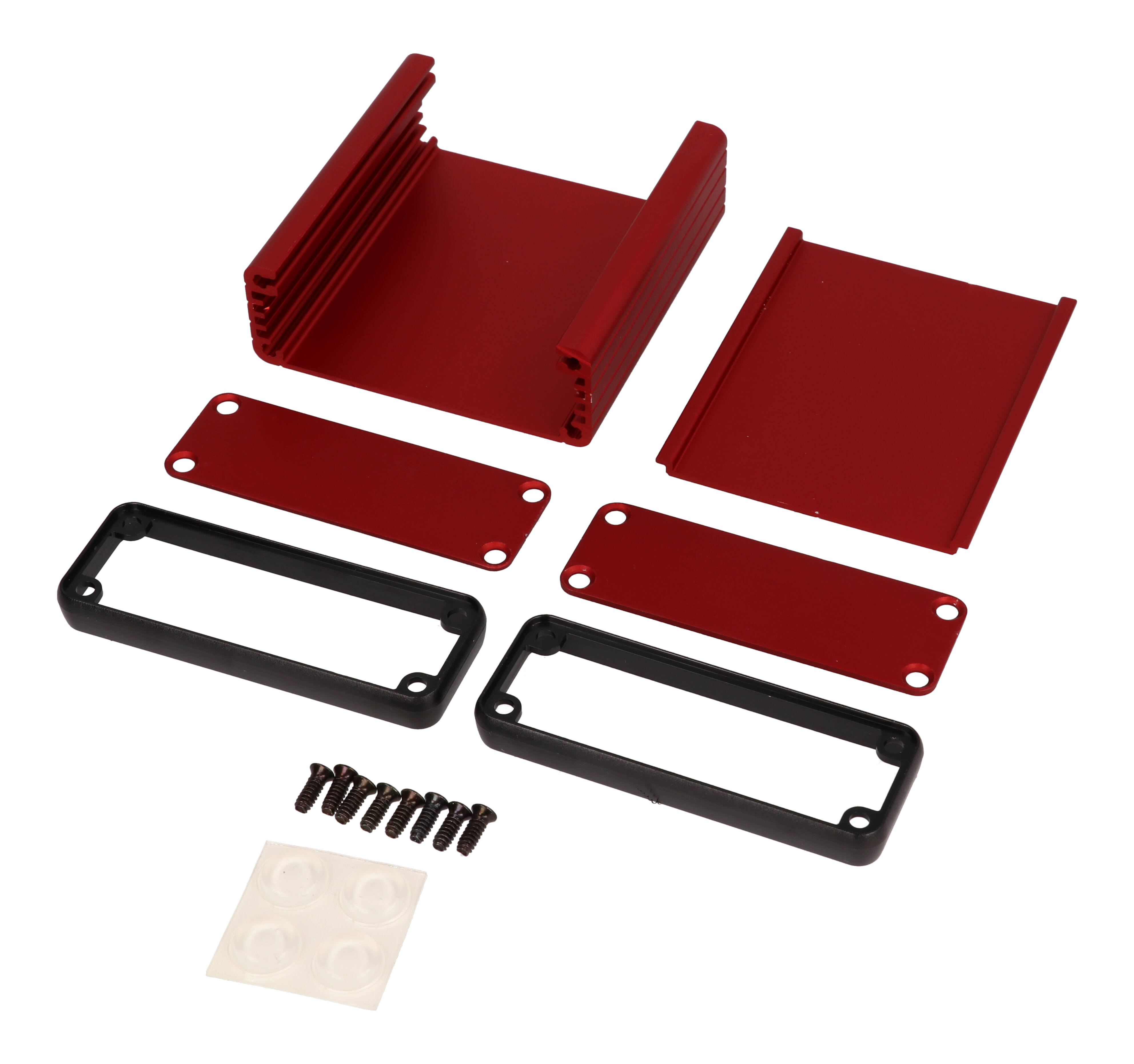 1455J801RD red anodized extruded aluminum enclosure, 80 x 78 x 27 mm, with aluminum end panels and open bezels