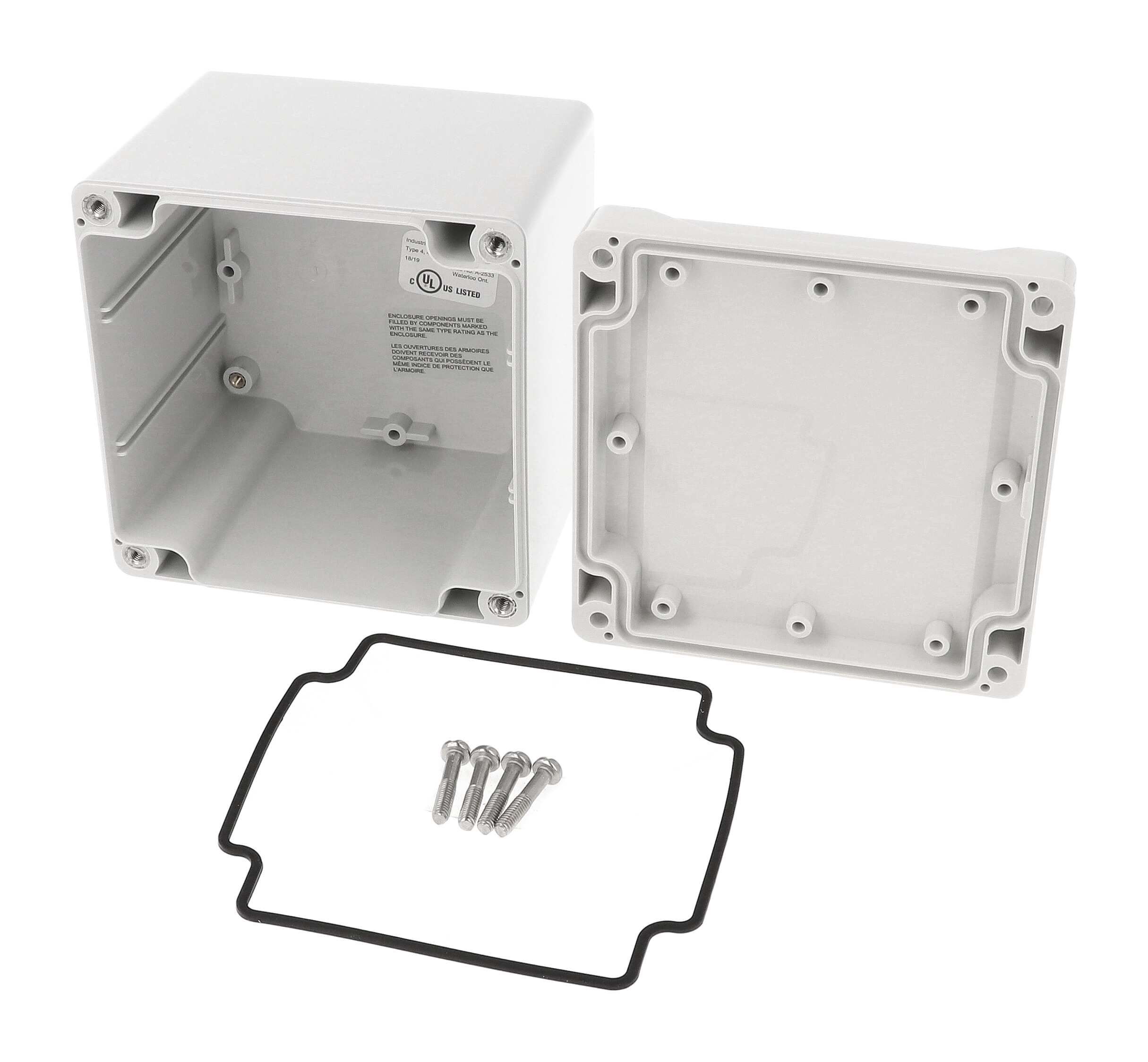 1555LA2GY deep square light gray polycarbonate enclosure with styled lid, 105 x 105 x 90 mm