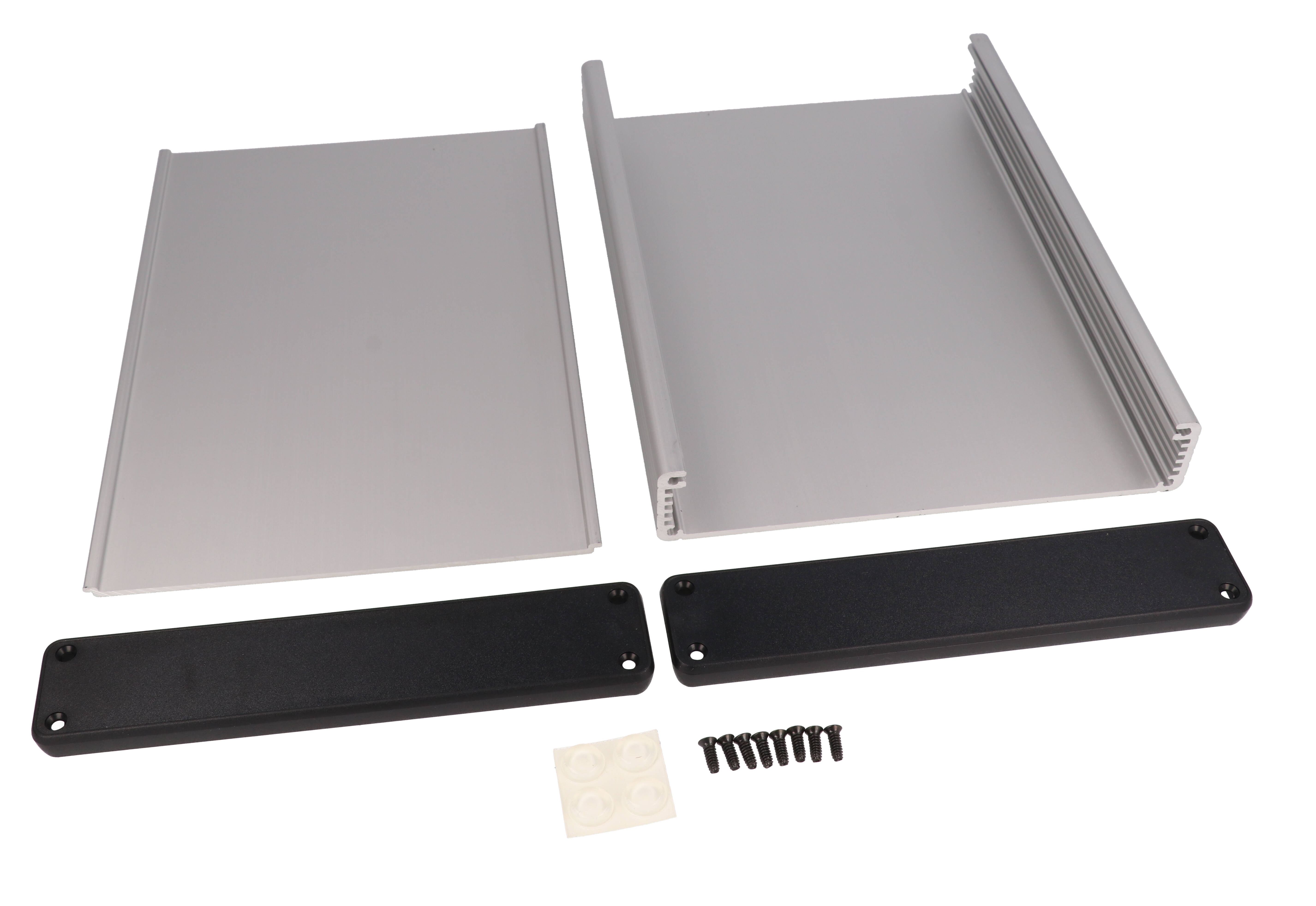 1455R2202 clear anodized extruded aluminum PC board enclosure, 220 x 165 x 30.5 mm, with black plastic end panels