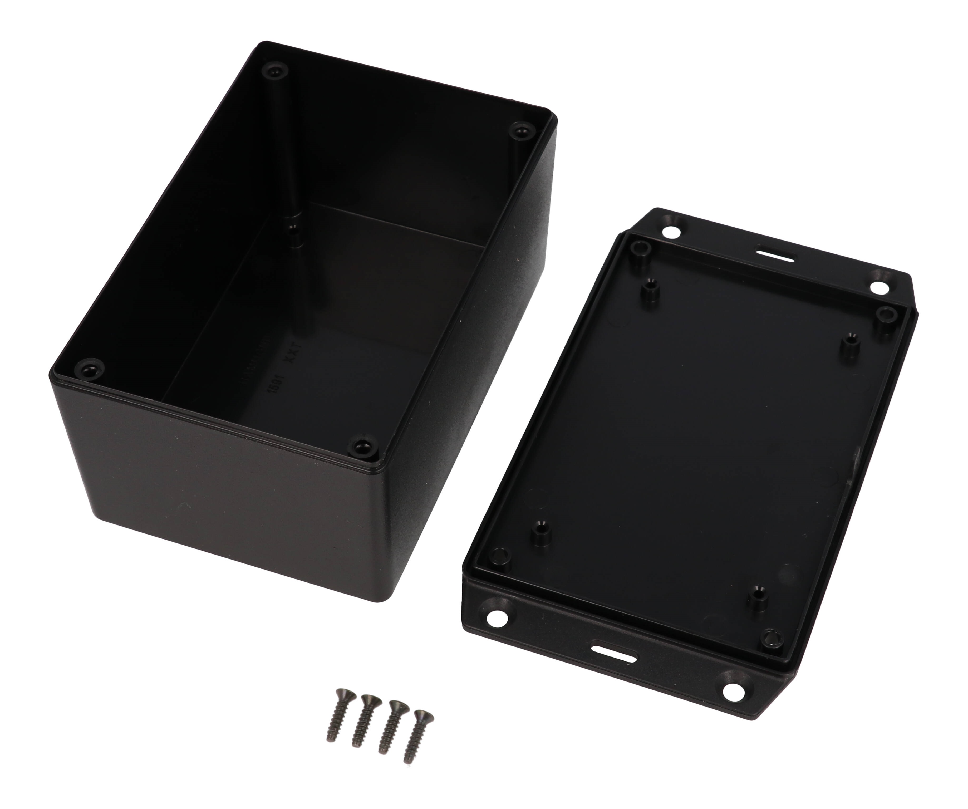 1591XXTSFLBK black ABS plastic flanged-lid enclosure with PC board standoffs, 123 x 83 x 59 mm