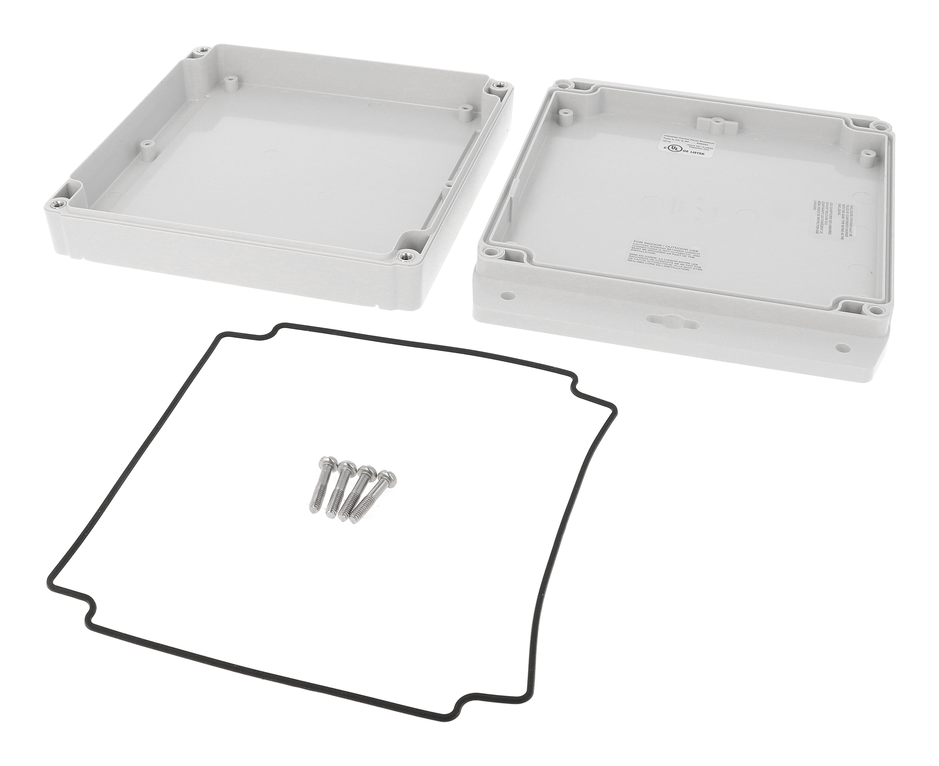 1555R2F17GY light gray polycarbonate low-profile flanged enclosure, 160 x 160 x 38 mm