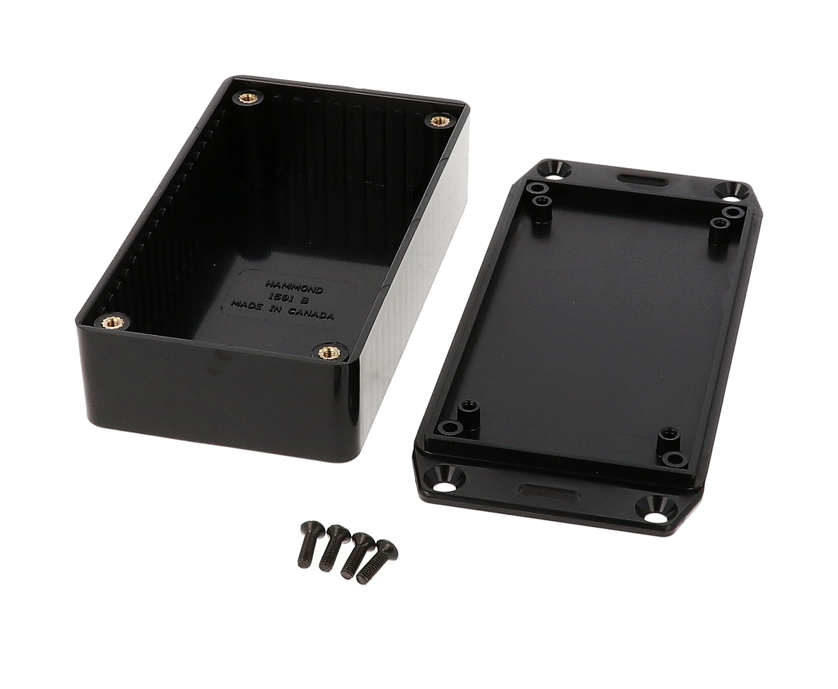 1591BFLBK black 112 x 62 x 31 mm ABS plastic flanged-lid enclosure with molded card guides
