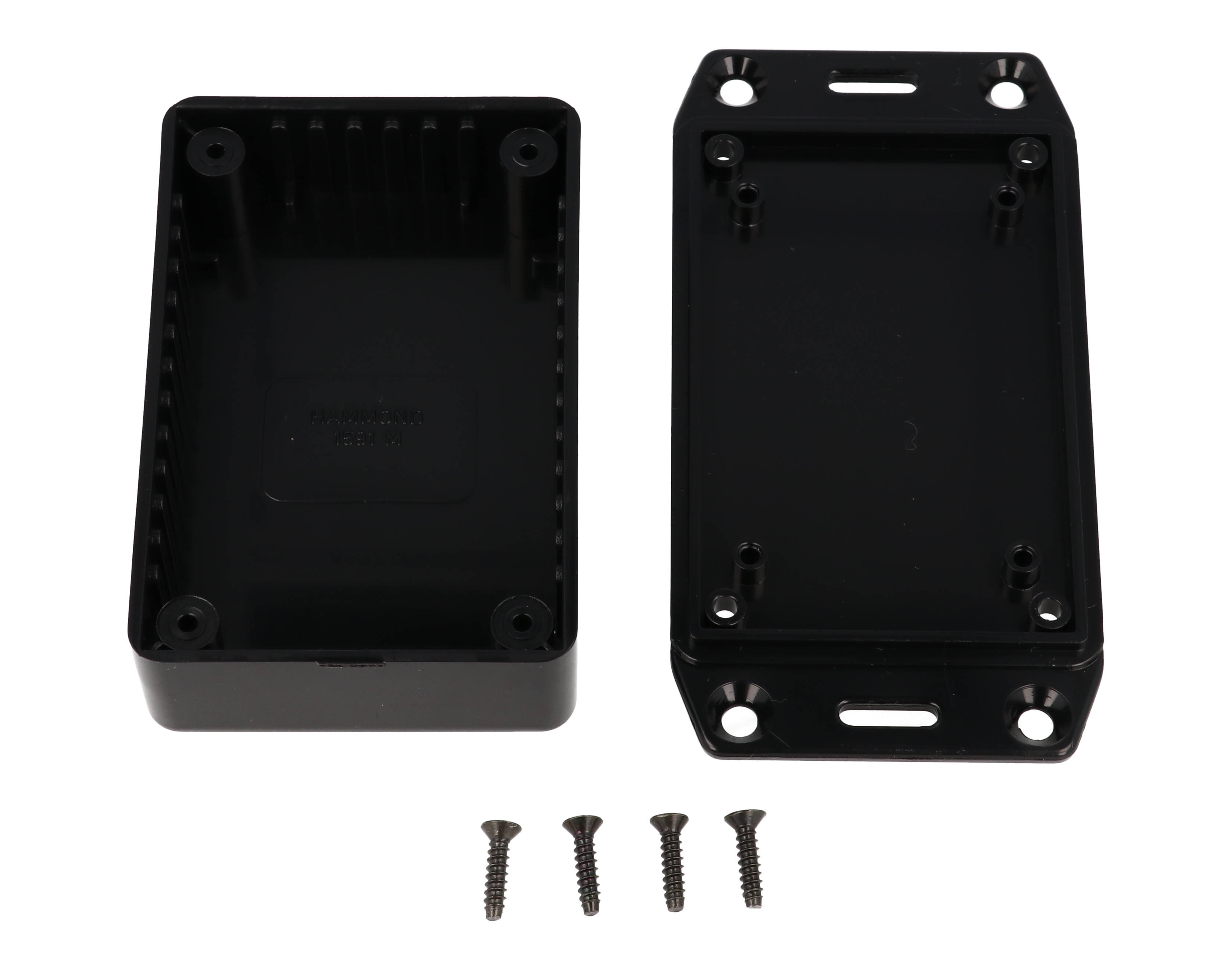 1591MSFLBK black ABS plastic enclosure with flanged mounting lid