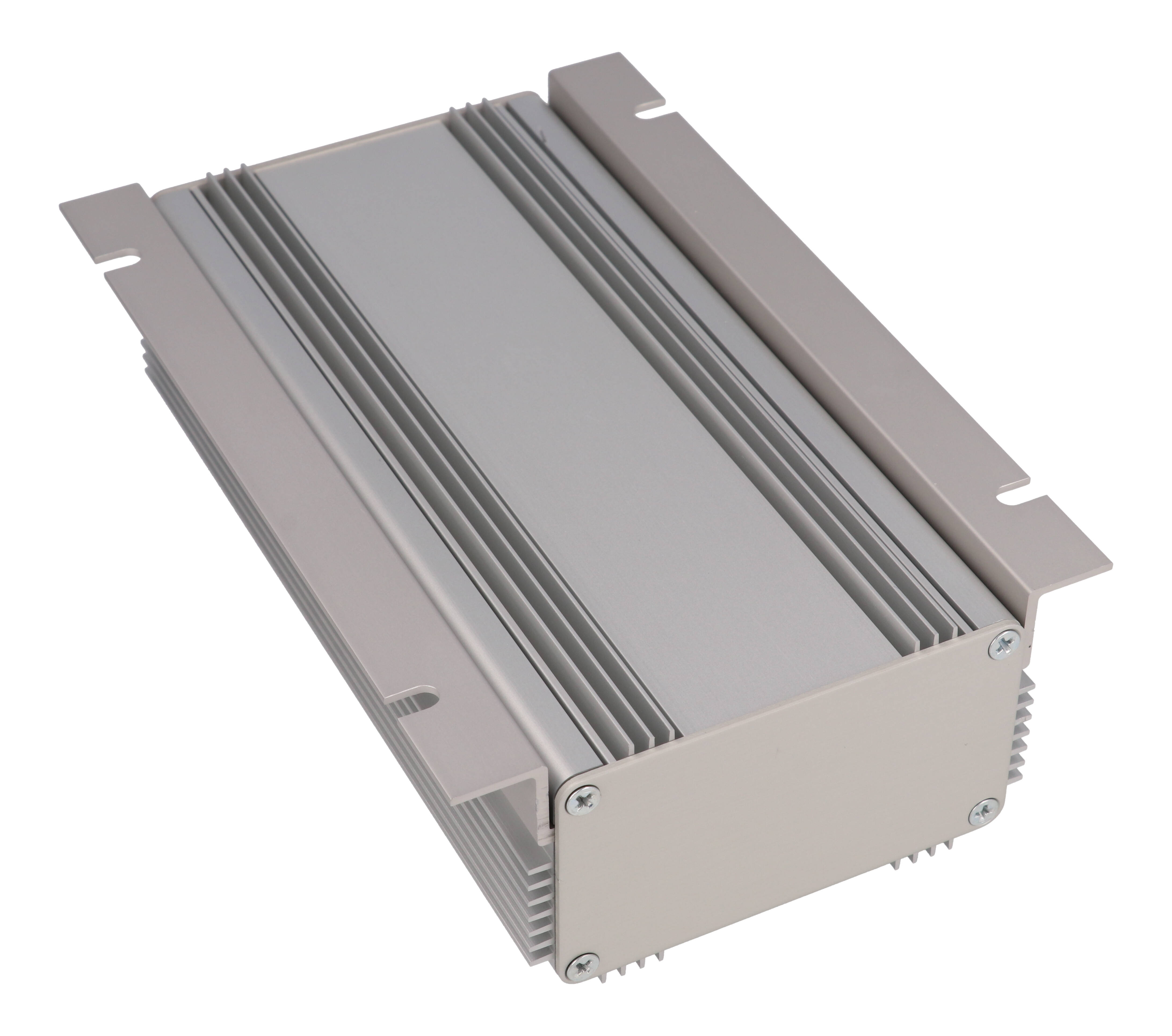 1455KHD1601 clear anodized finned heat dissipating extruded aluminum enclosure, 160 x 86 x 51 mm, with mounting flanges