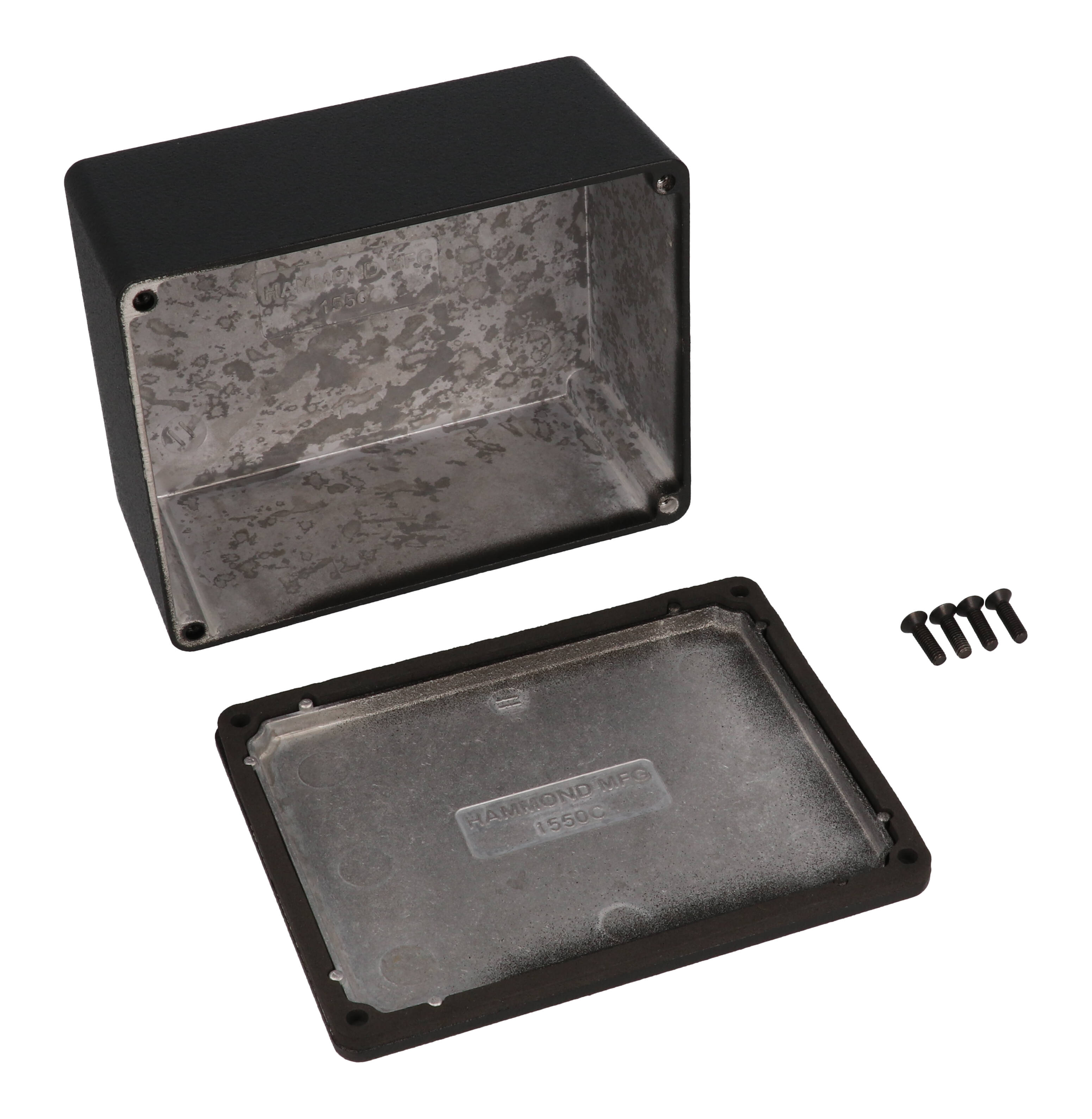1550WCBK black watertight diecast aluminum enclosure, 115 x 90 x 55 mm, with screw-down lid