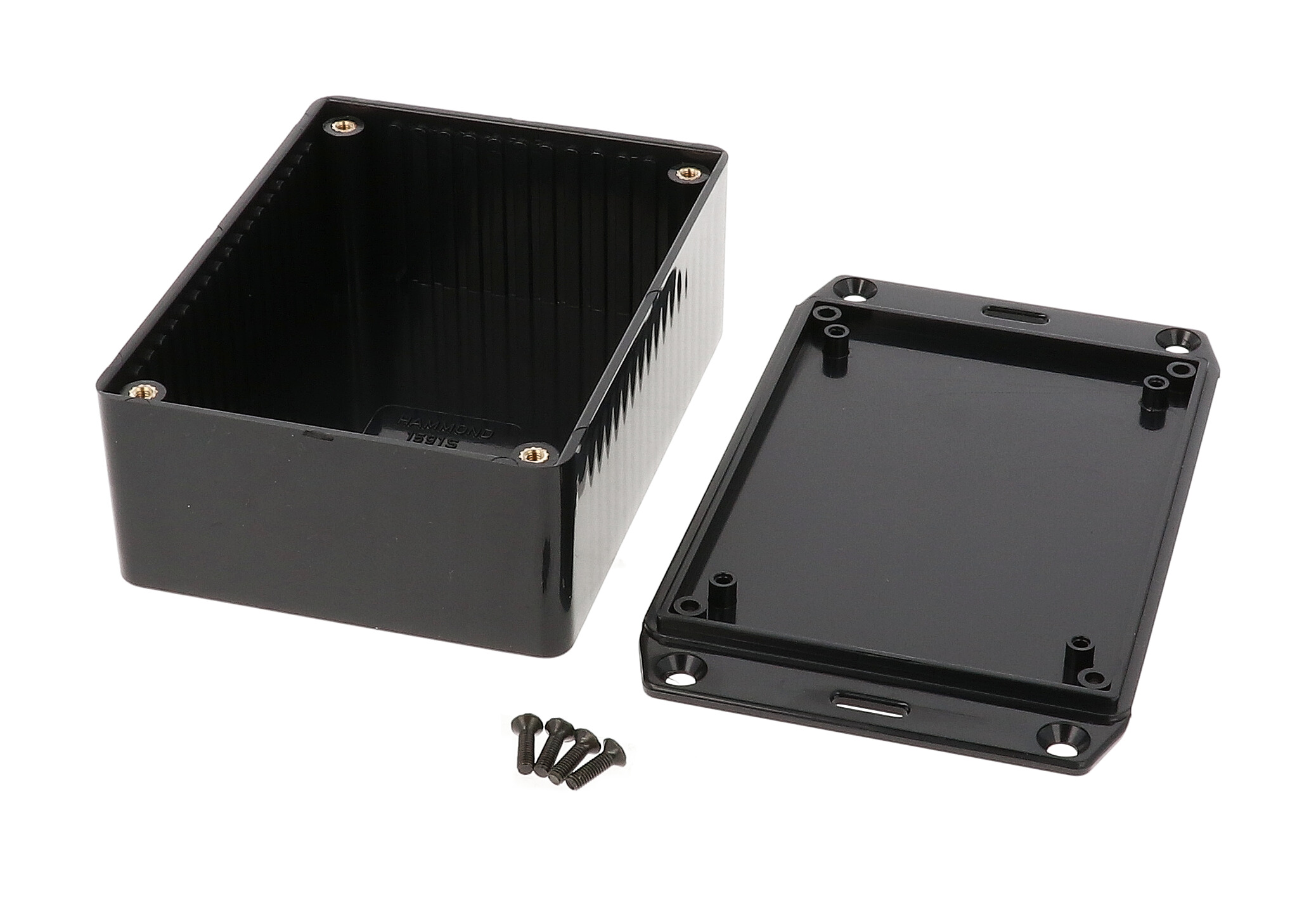 1591SFLBK black ABS plastic enclosure with wall mounting flanged lid, 110 x 82 x 44 mm