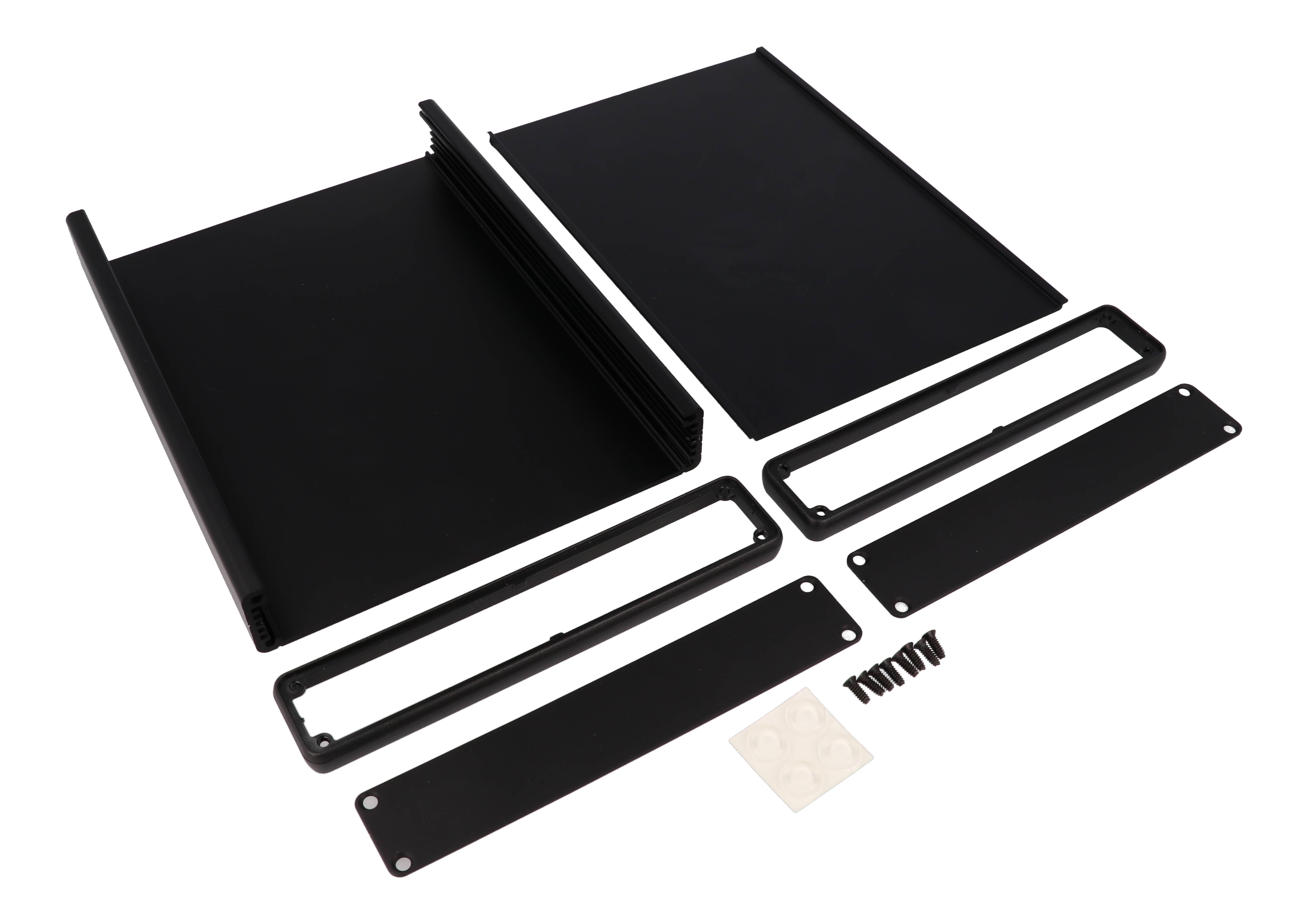 1455R2201BK black anodized extruded aluminum PC board enclosure, 220 x 165 x 30.5 mm, with aluminum end panels and open bezels