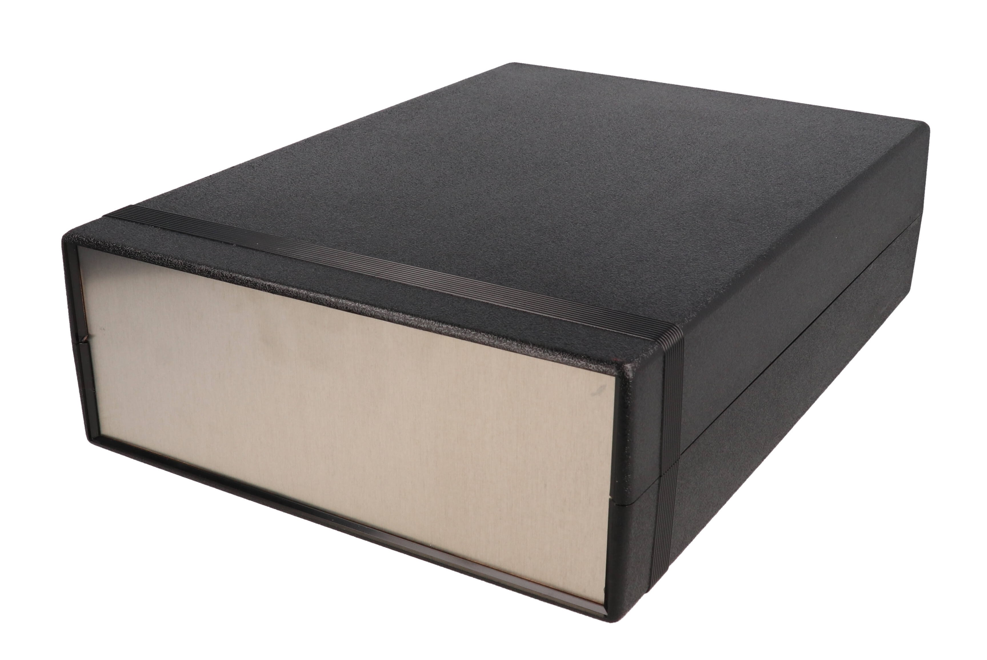 1598RJBK black ABS EMI/RFI shielded instrument enclosure, 280 x 200 x 76 mm, with brushed aluminum end panels