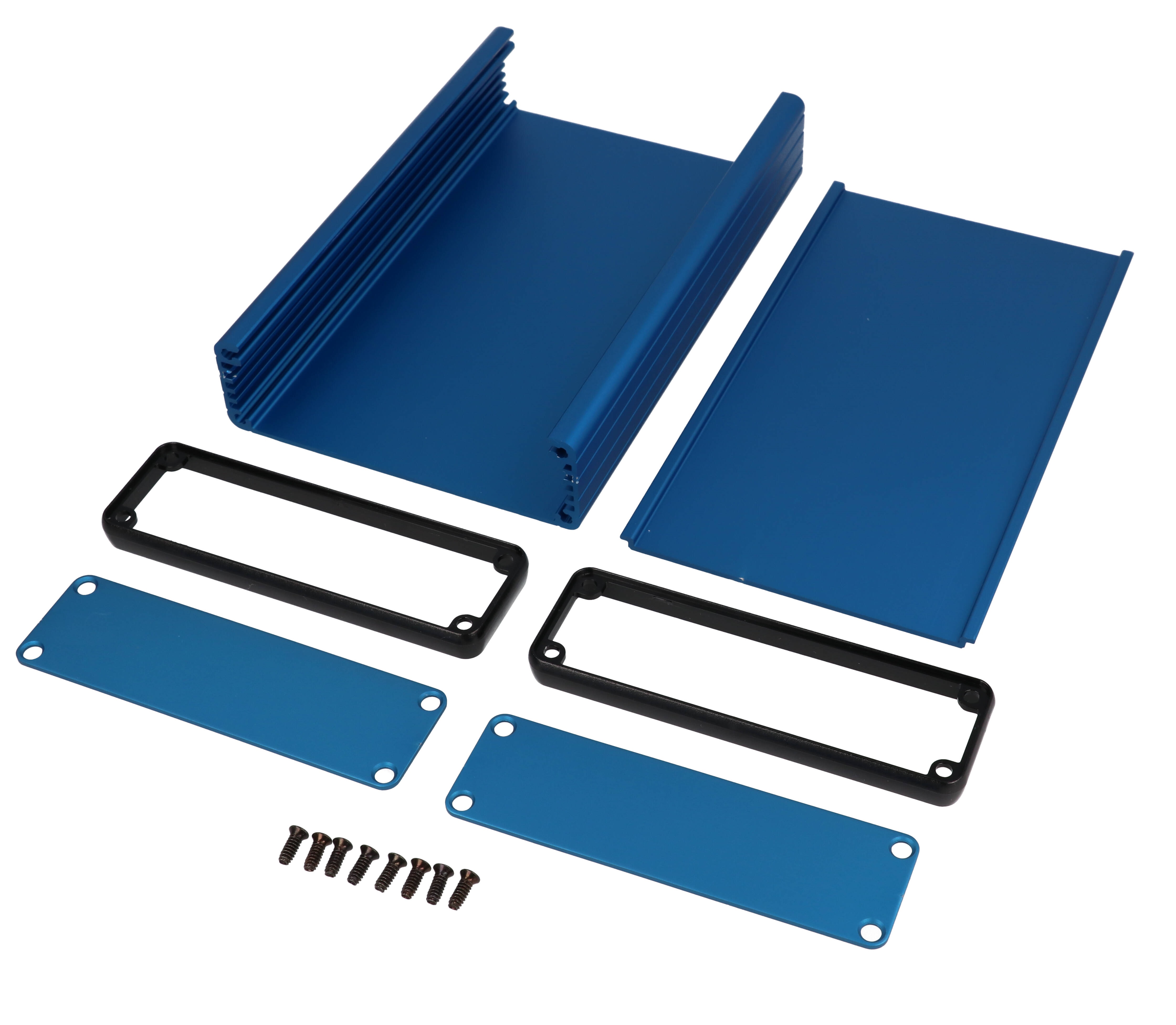 1455L1601BU blue anodized extruded aluminum PC board enclosure, 160 x 103 x 30.5 mm, with aluminum end panels and black bezels