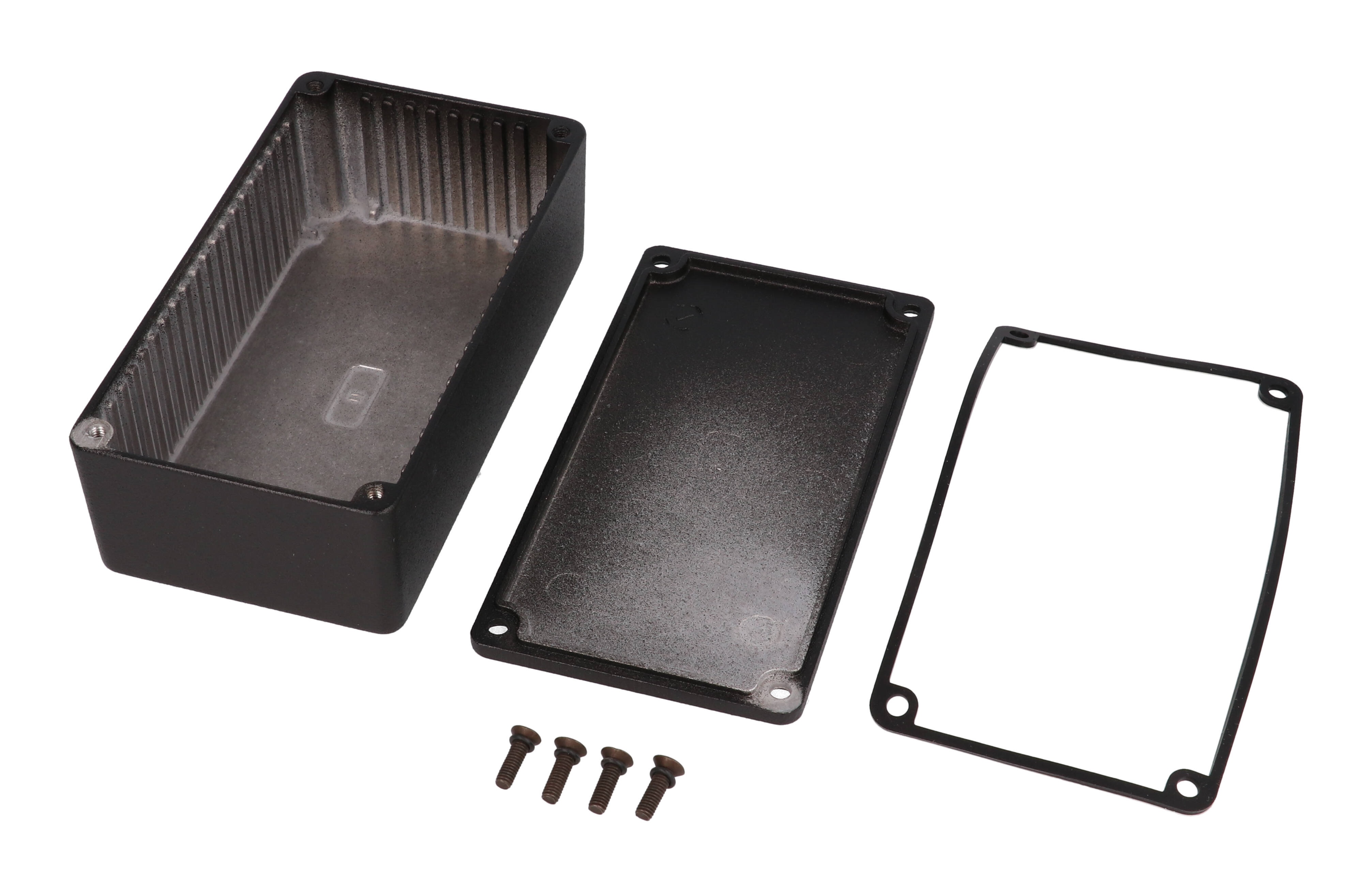 1590WNBK black textured water-tight diecast aluminum enclosure with black cover screws