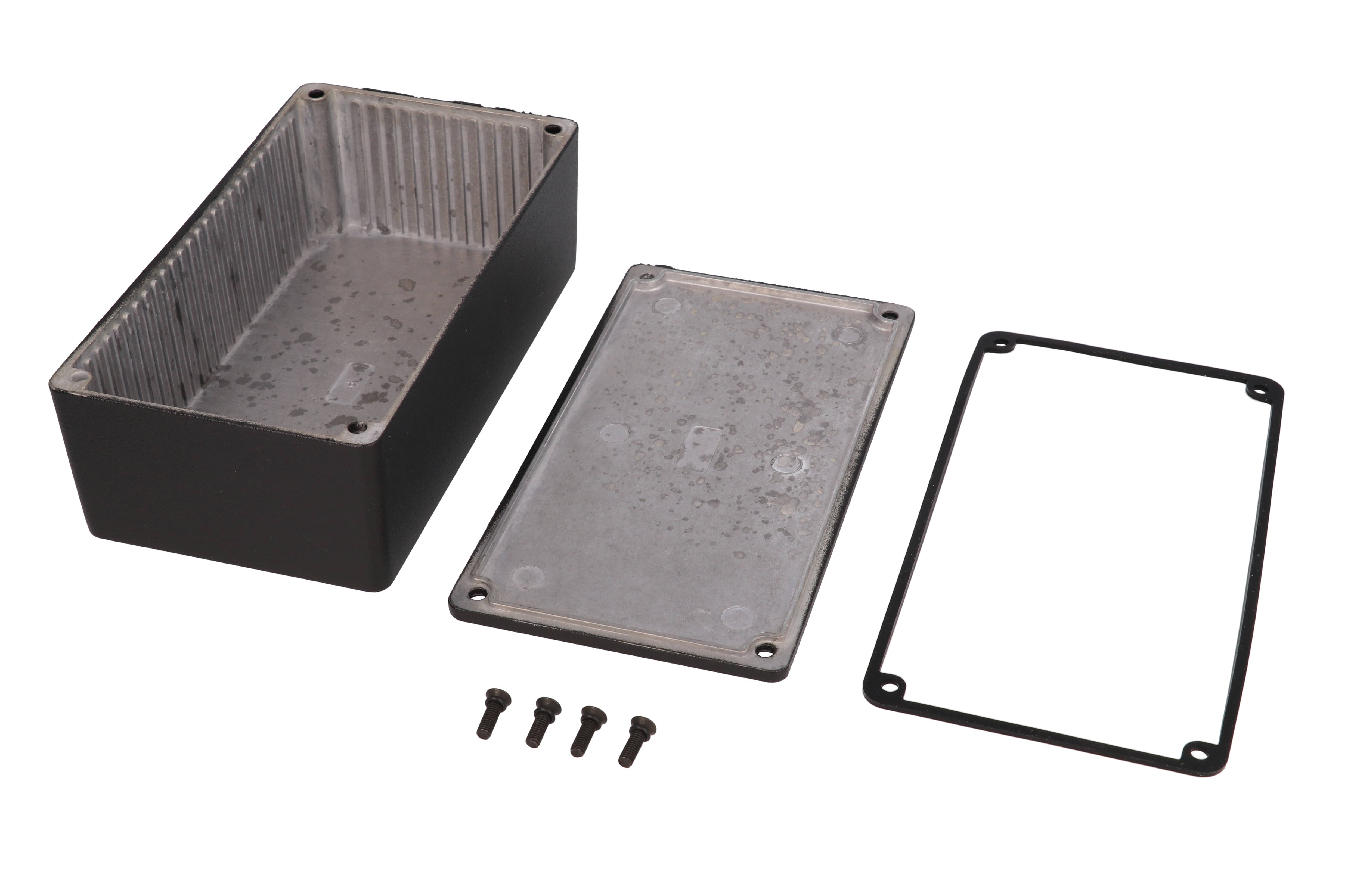 1590WPBK black painted water-tight diecast aluminum enclosure with black screws