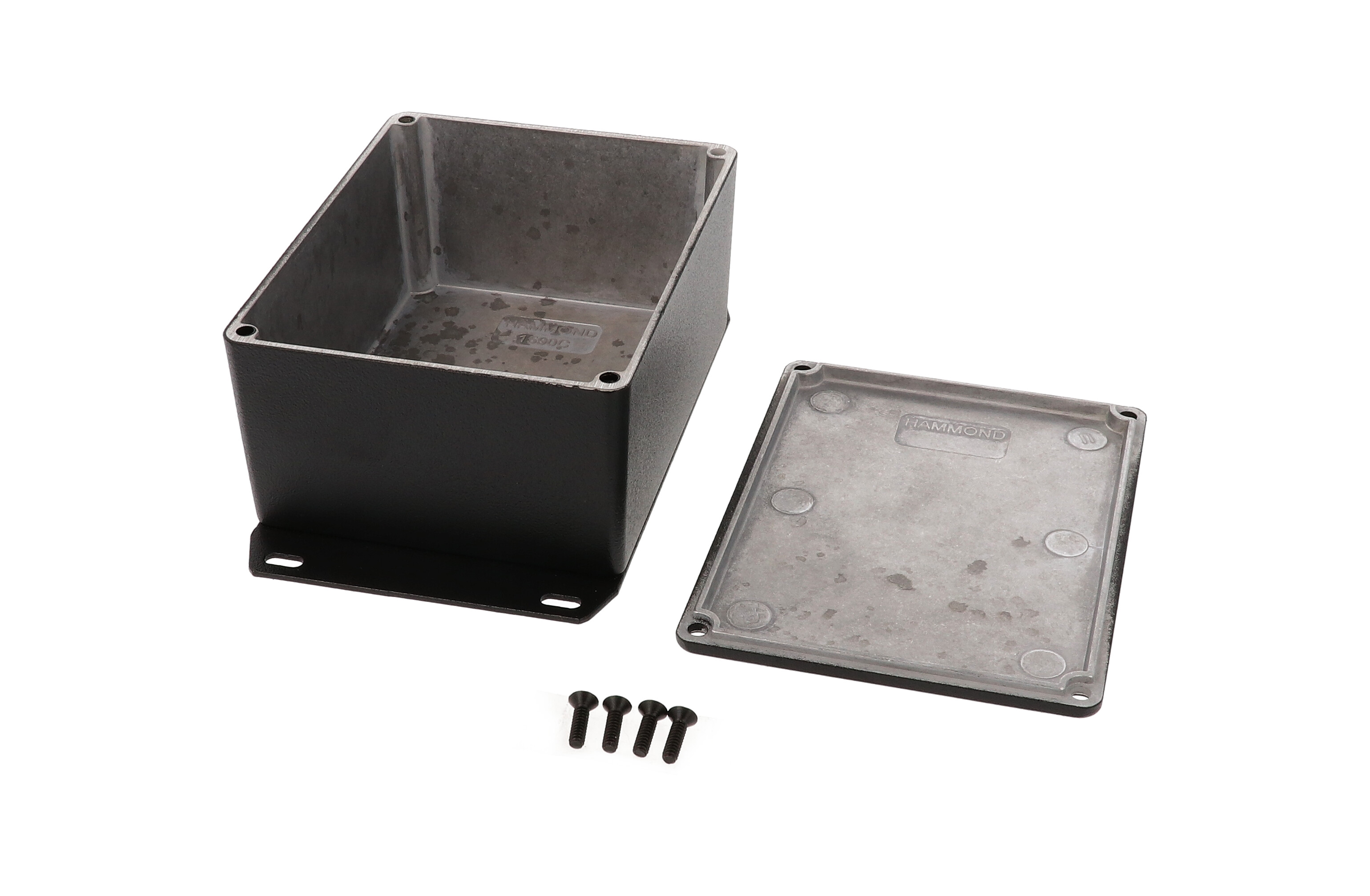 1590CFBK textured black diecast aluminum enclosure with welded flanged bottom plate