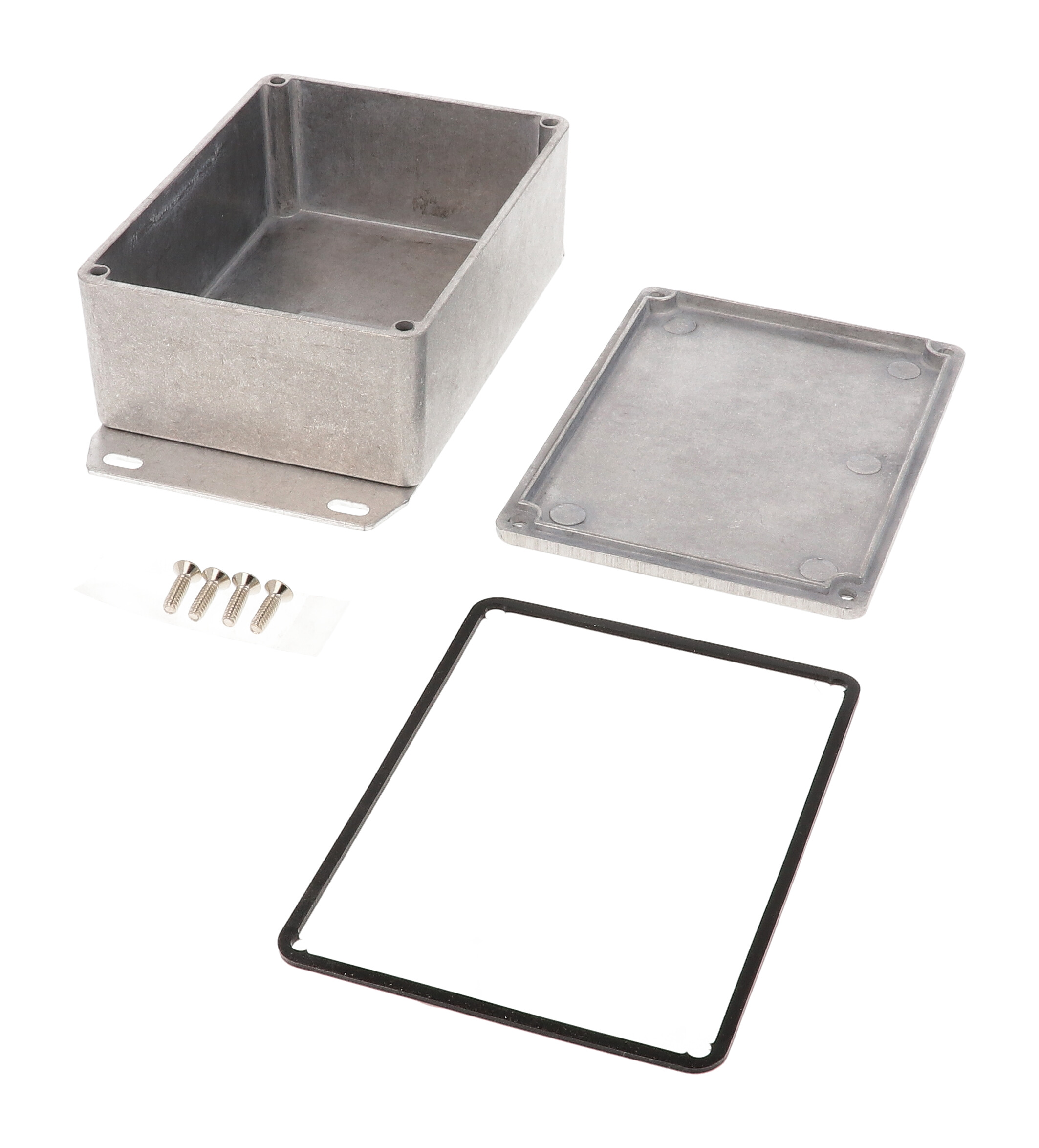 1590WSF natural aluminum IP65 water-tight diecast aluminum enclosure with a welded flanged bottom plate, 110x82x44mm