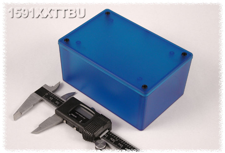 1591XXTTBU transparent blue ABS plastic enclosure with PC board standoffs, 123 x 83 x 59 mm