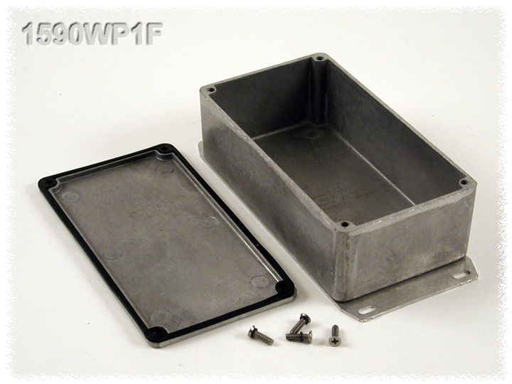 1590WP1F natural aluminum watertight diecast enclosure, 153 mm x 83 mm x 50 mm, with flanged bottom plate