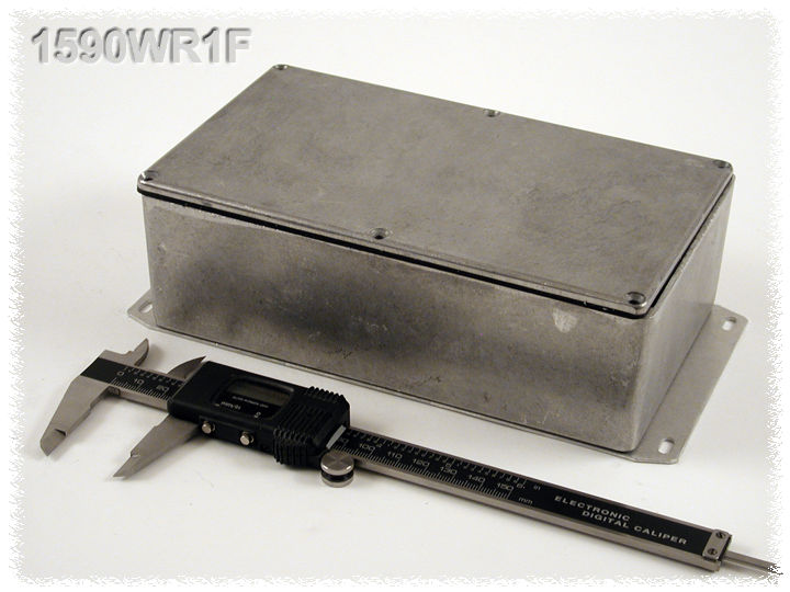 1590WR1F natural aluminum IP65 water-tight diecast aluminum enclosure with a welded flanged bottom plate, 192x112x61mm