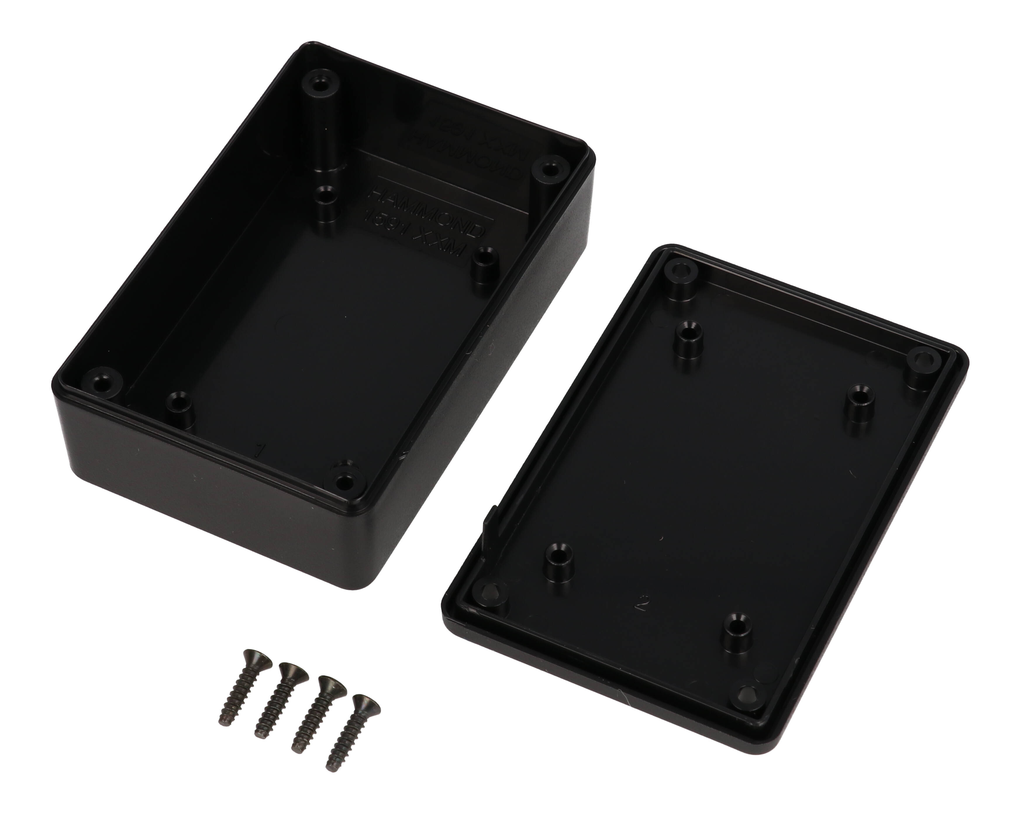 1591XXMSBK black ABS plastic enclosure with PC board standoffs, 86 x 57 x 27 mm