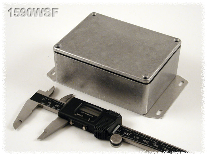 1590WSF natural aluminum IP65 water-tight diecast aluminum enclosure with a welded flanged bottom plate, 110x82x44mm