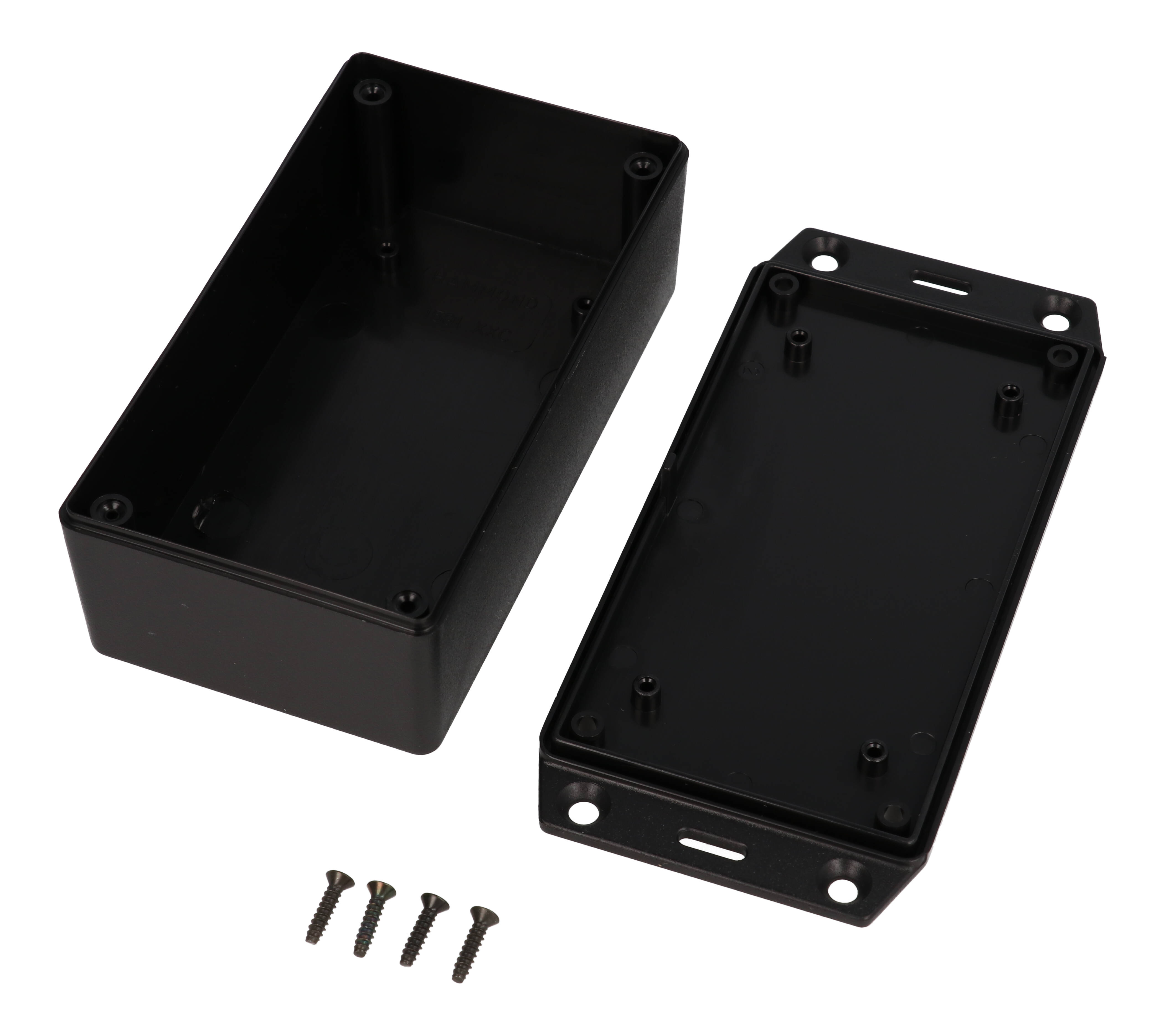 1591XXCSFLBK black ABS plastic enclosure with flanged lid, 4.76 in x 2.64 in x 1.57 in