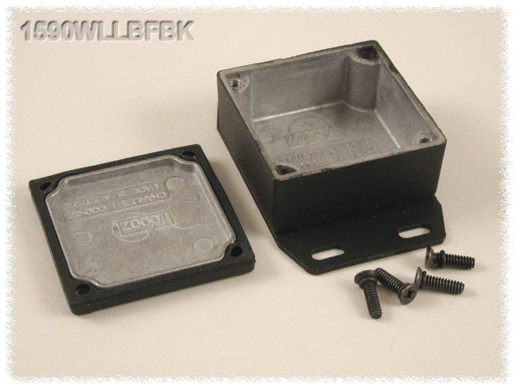 1590WLLBFBK black low-profile watertight diecast enclosure with flanged bottom plate