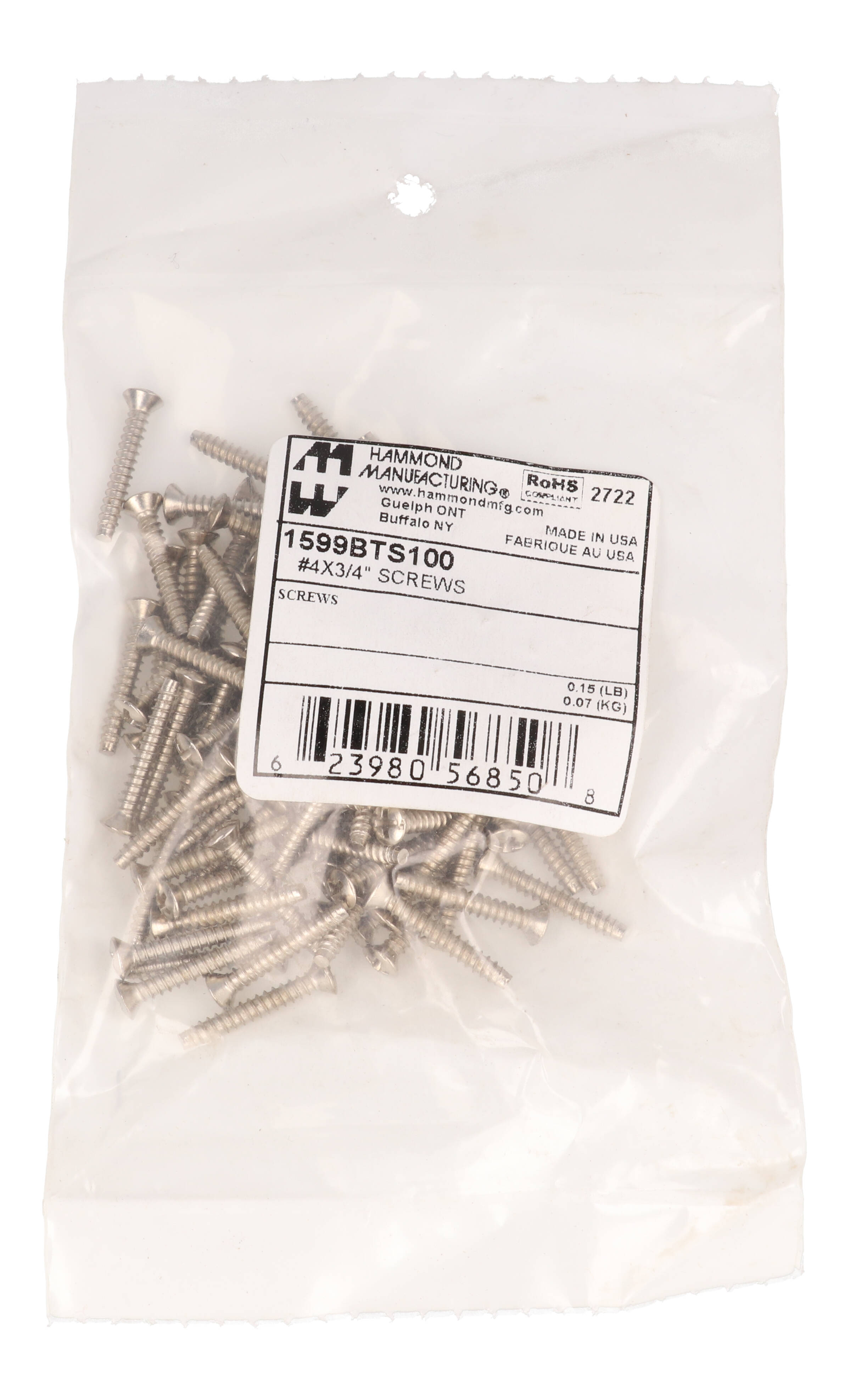 1599BTS100 100-pack of #4 x 3/4 inch self-tap assembly screws for 1599 enclosures