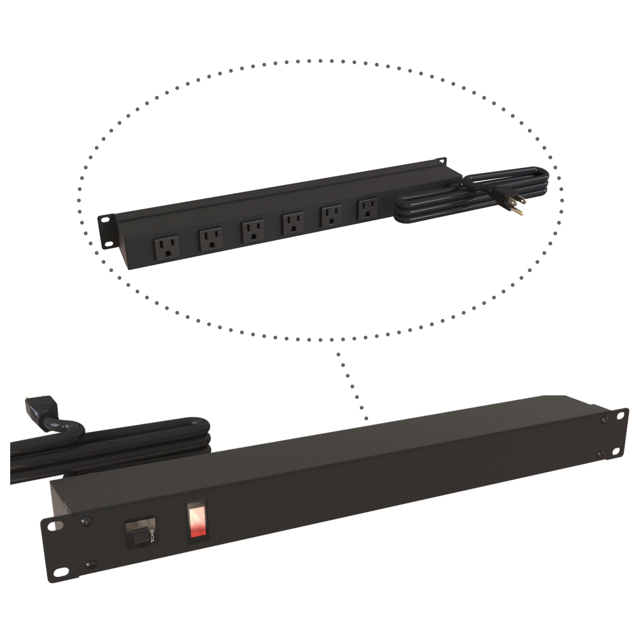 Hammond 1583T6A1BKRA 1U 19-inch black rack mount PDU with six rear-facing rotated NEMA 5-15R outlets and power indicator light