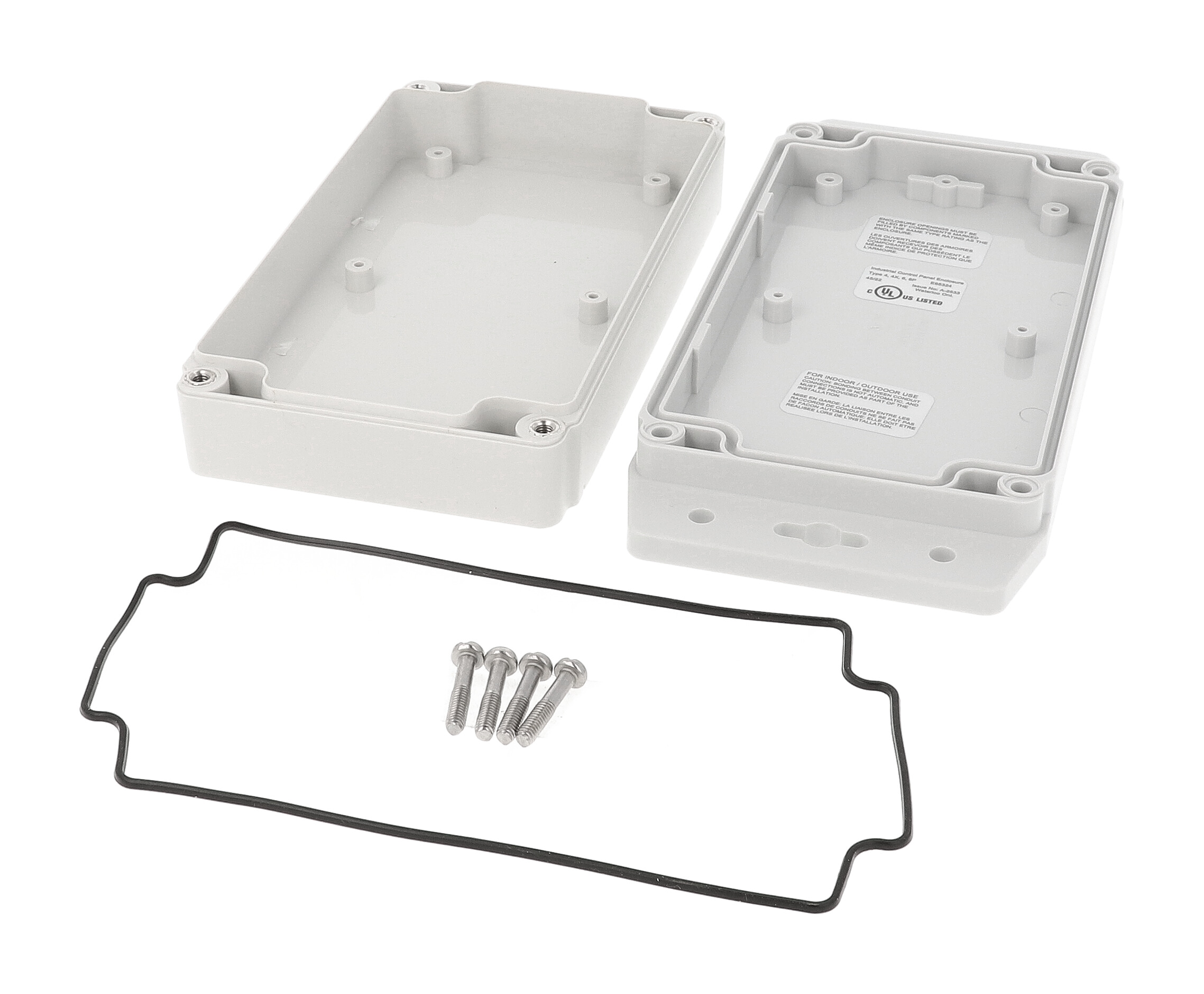 1555J2F17GY light grey polycarbonate watertight enclosure with flanged base for wall mounting