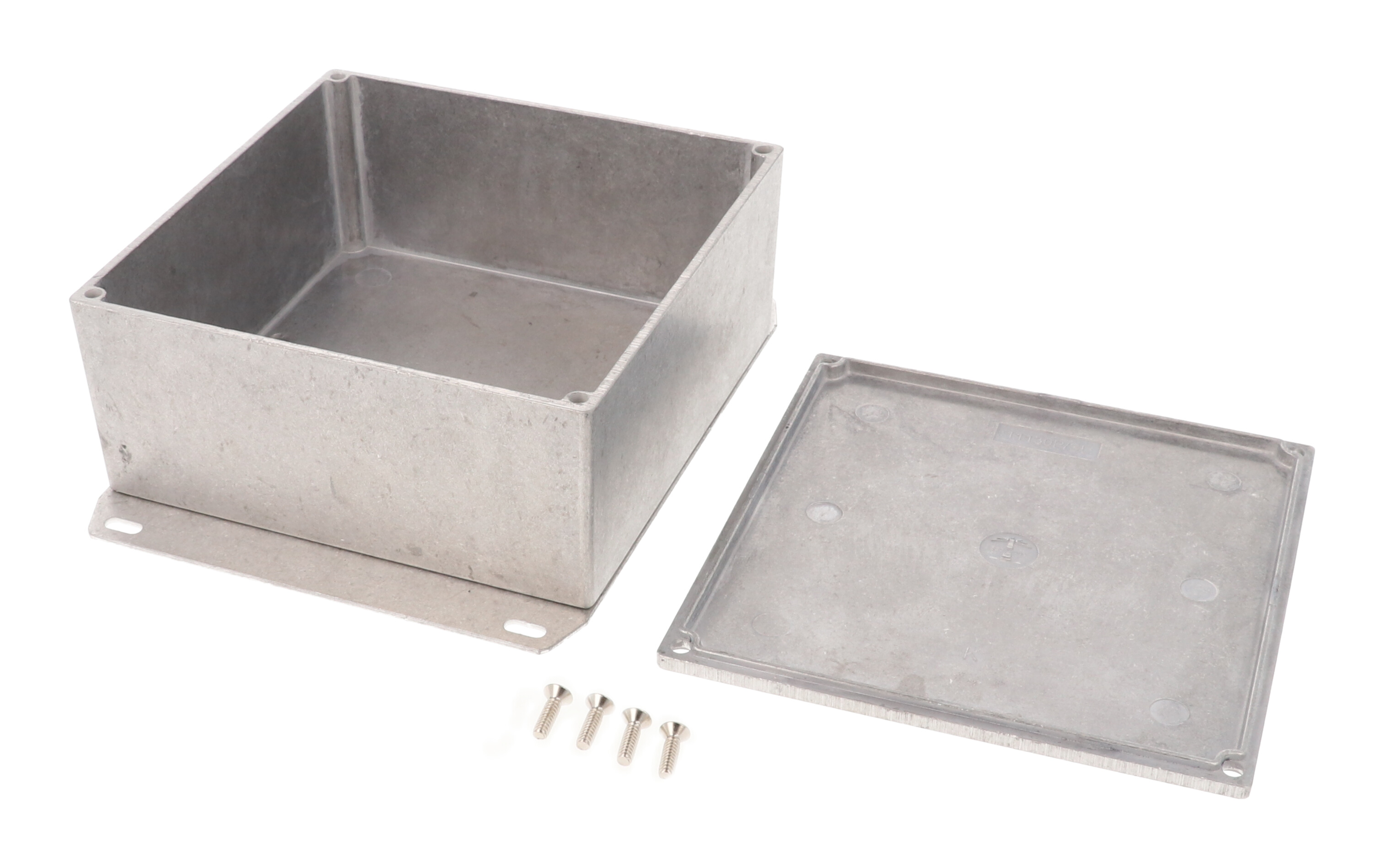 1590KKF natural diecast aluminum enclosure with welded flanged bottom plate, 125 x 125 x 57 mm